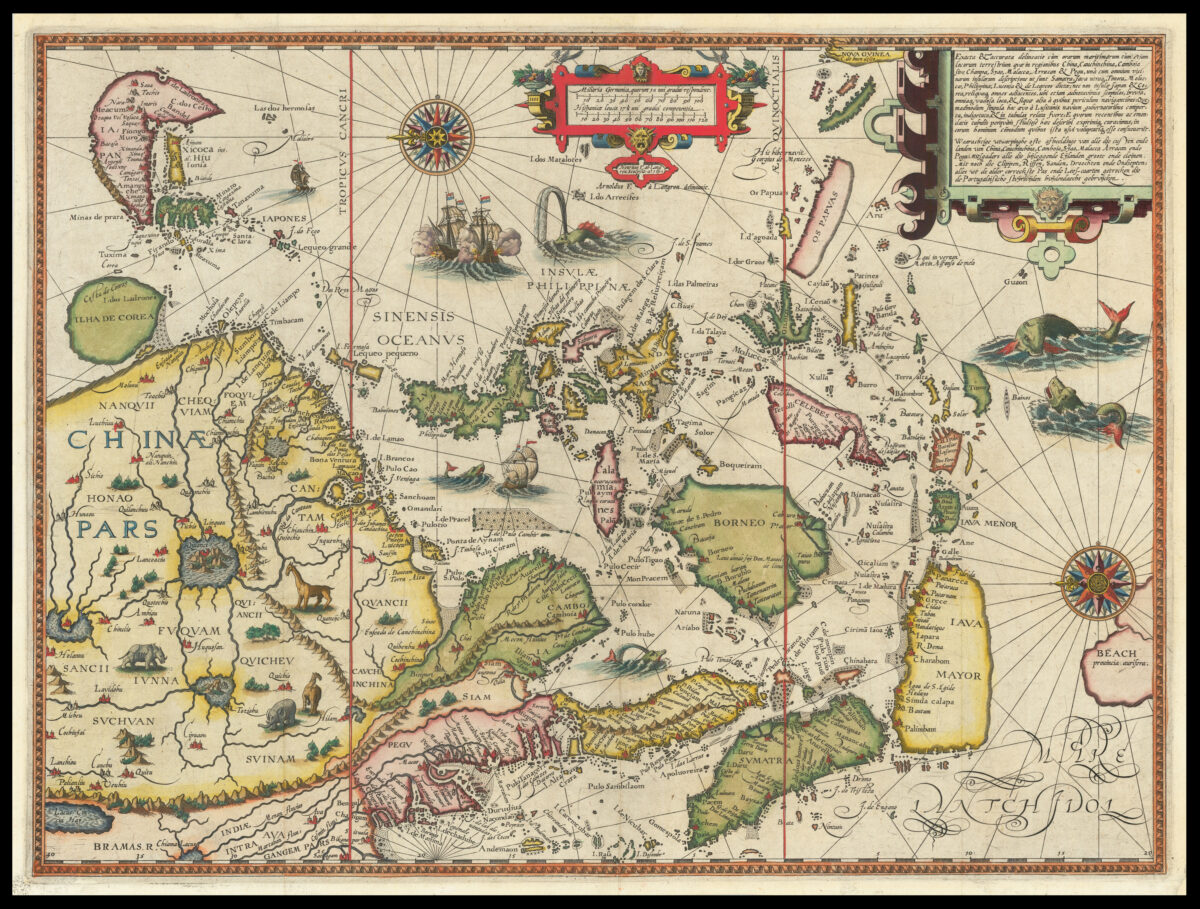 LINSCHOTEN, Jan Huyghen; and Arnold and Henrik Floris van LANGREN Exacta & Accurata Delineatio cum Orarum Maritimarum tum etjam locorum terrestrium quae in Regionibus China,
