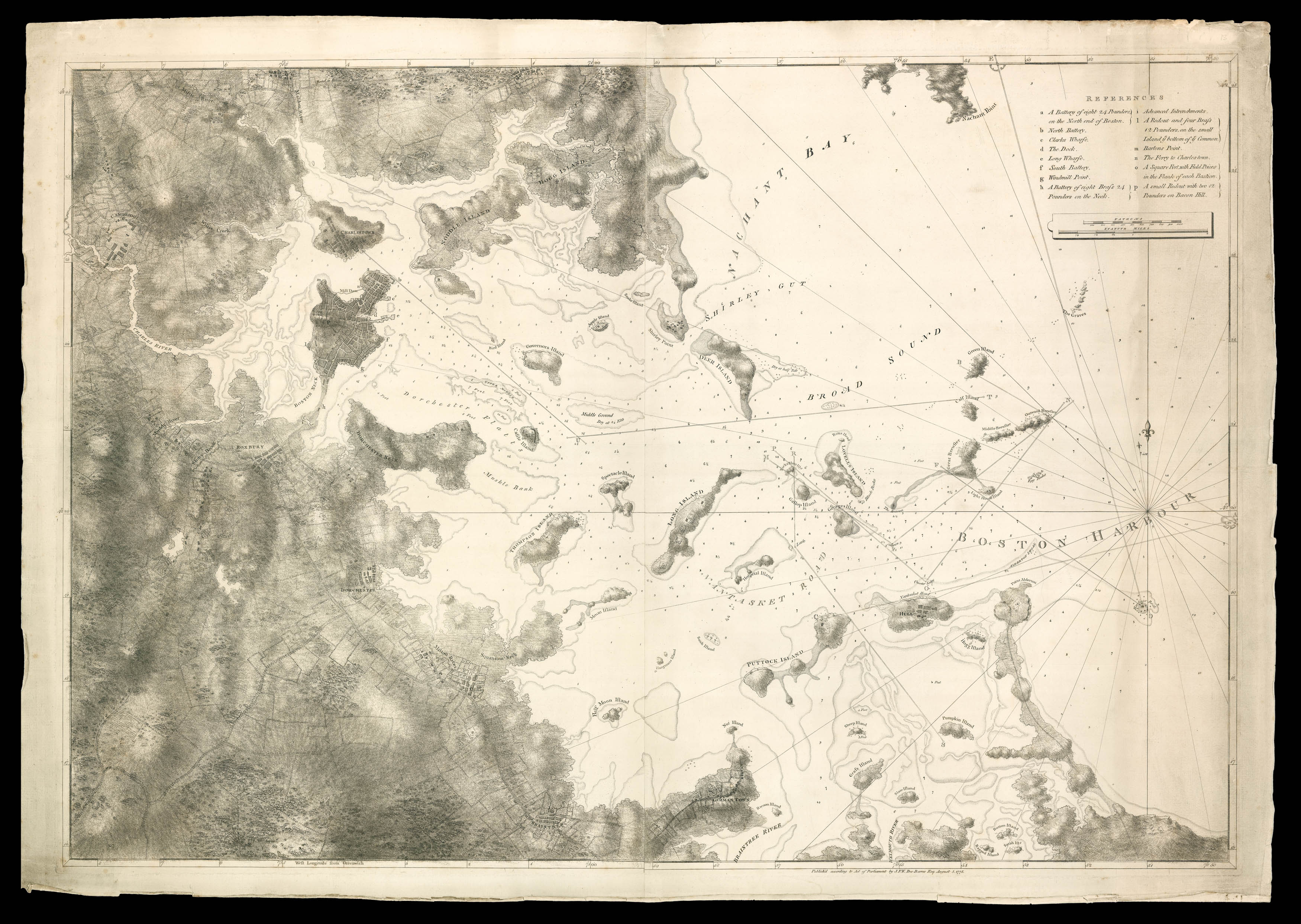 DES BARRES, Joseph Frederick Wallet [Chart of the Harbour of Boston]/ Nautical Remarks and Observations for the Chart of the Harbour of Boston.