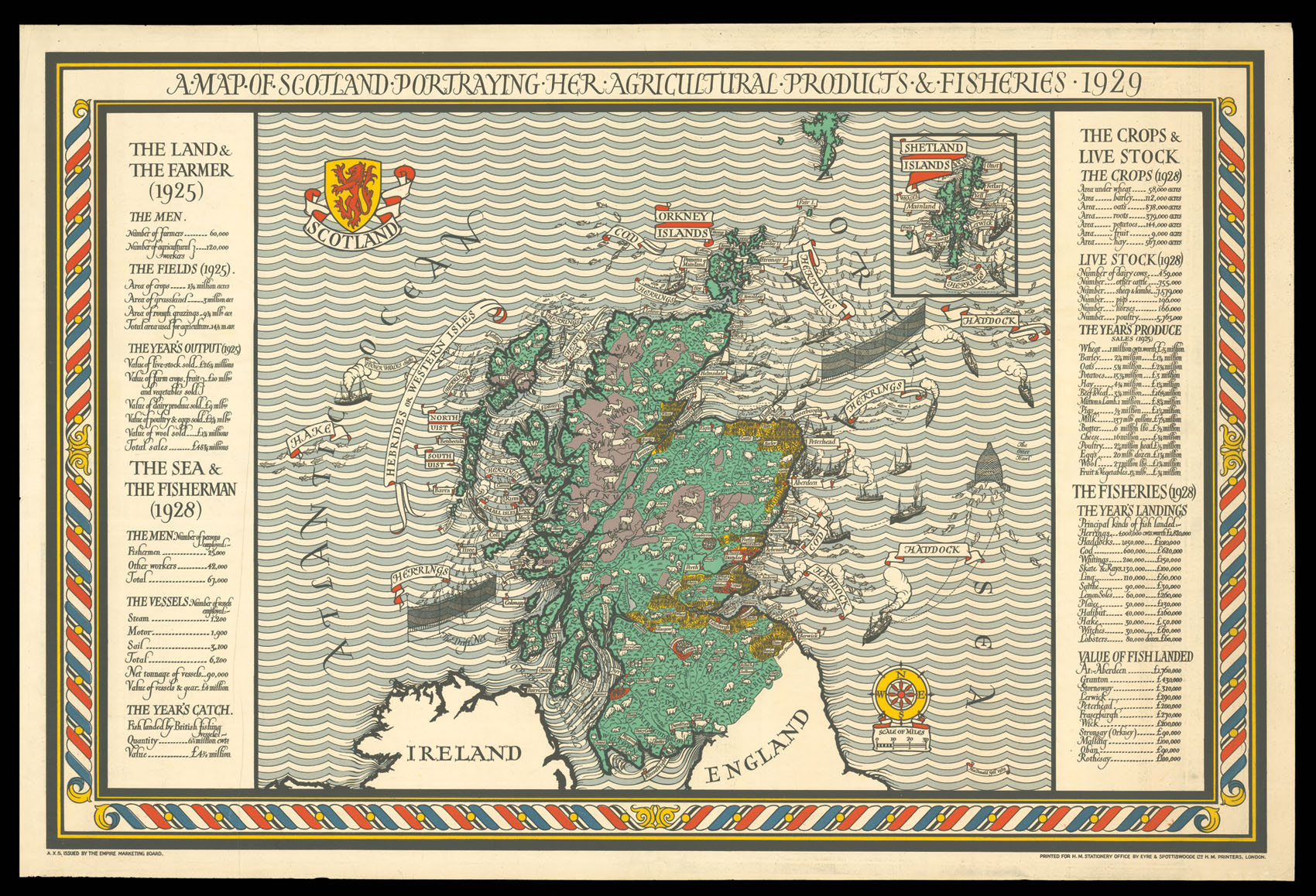 GILL, Macdonald A Map of Scotland Portraying Her Agricultural Products & Fisheries 1929.