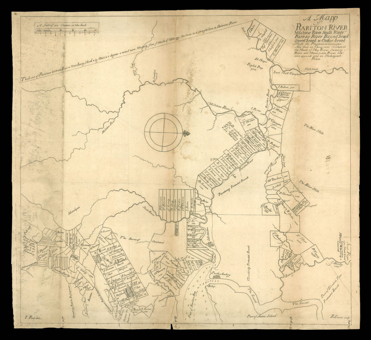REID, John A Mapp of Rariton River Milstone River South River Raway River Bound brook Green brook & Cedar brook With the Plantations thereupon Also these on Chinquorora, Wickatonk, the Heads of Hop River Swiming-River and Manasquam River