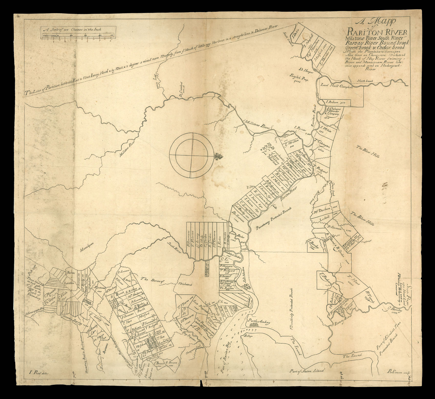 REID, John A Mapp of Rariton River Milstone River South River Raway River Bound brook Green brook & Cedar brook With the Plantations thereupon Also these on Chinquorora, Wickatonk, the Heads of Hop River Swiming-River and Manasquam River