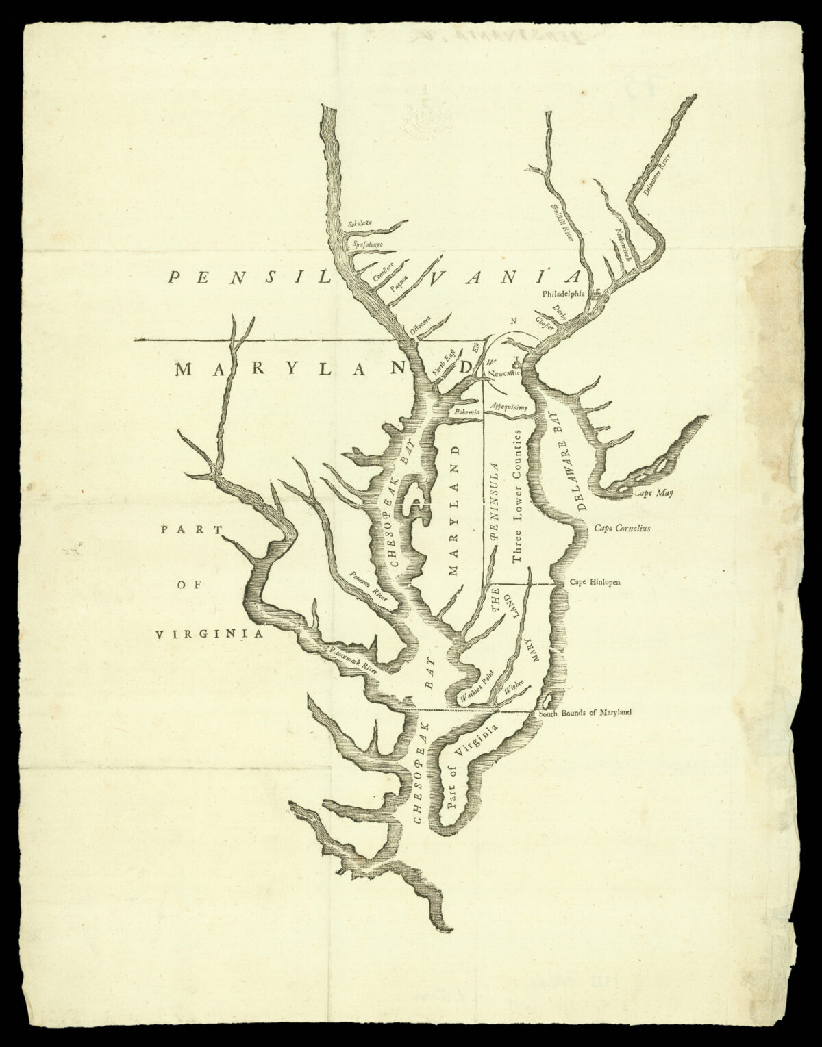 BALTIMORE, Charles Calvert [and] FRANKLIN, Benjamin [Untitled map of Delaware and Maryland, with parts of Virginia and Pennsylvania: