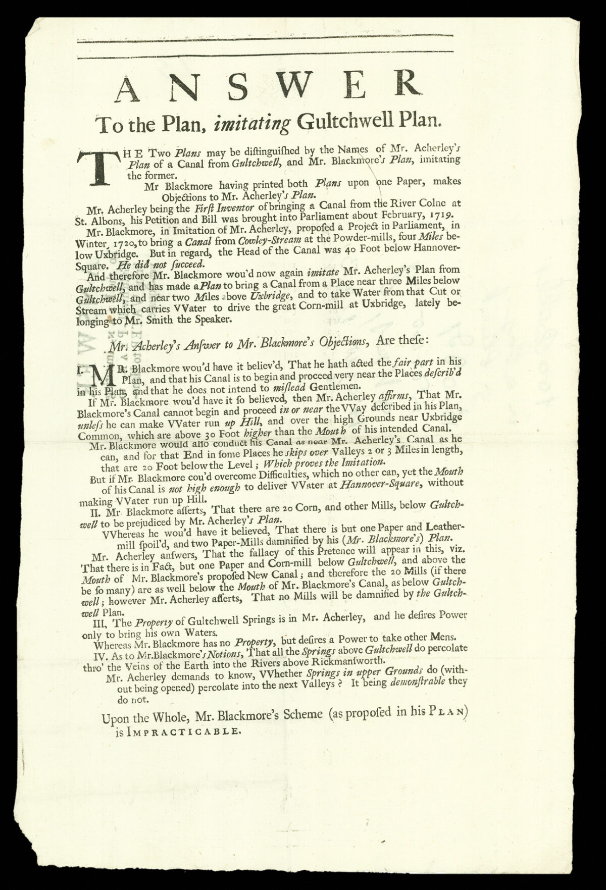 ACHERLEY, Thomas Answer To the Plan, imitating Gultchwell Plan, to bring Water to Hanover Square.