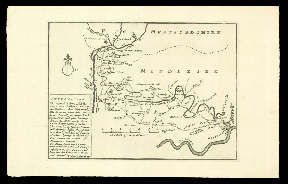 ACHERLEY, Thomas [Untitled map of a Proposed Canal from 'Gultchwell Springs' to a 'Reservoir' north of 'Mary le Bone']