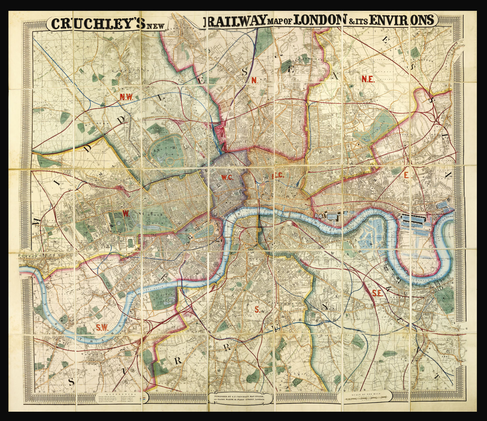 CRUCHLEY, G[eorge] F[rederick] Cruchley's New Railway Map of London & its Environs [with] General Index