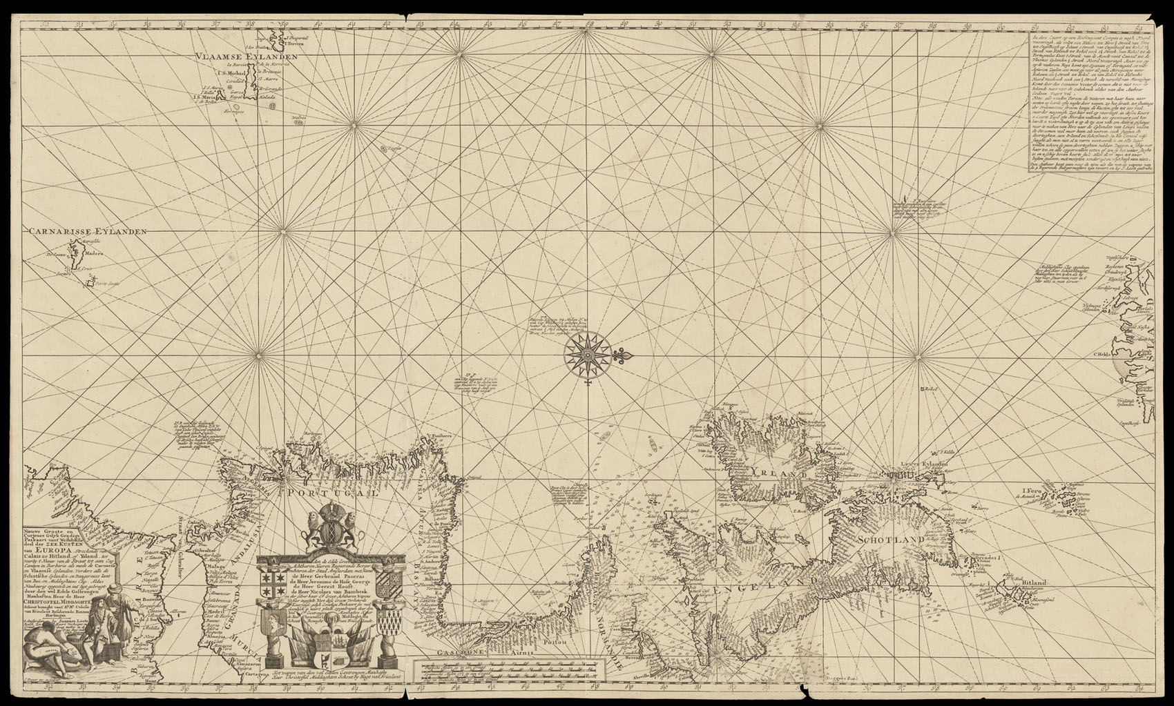MIDDAGTEN, Christoffel [Rear Admiral] Nieuwe Groote en Curjeuse Gelyk Gradige Paskaart vant Westelykste deel der Zee Kusten van Europa,