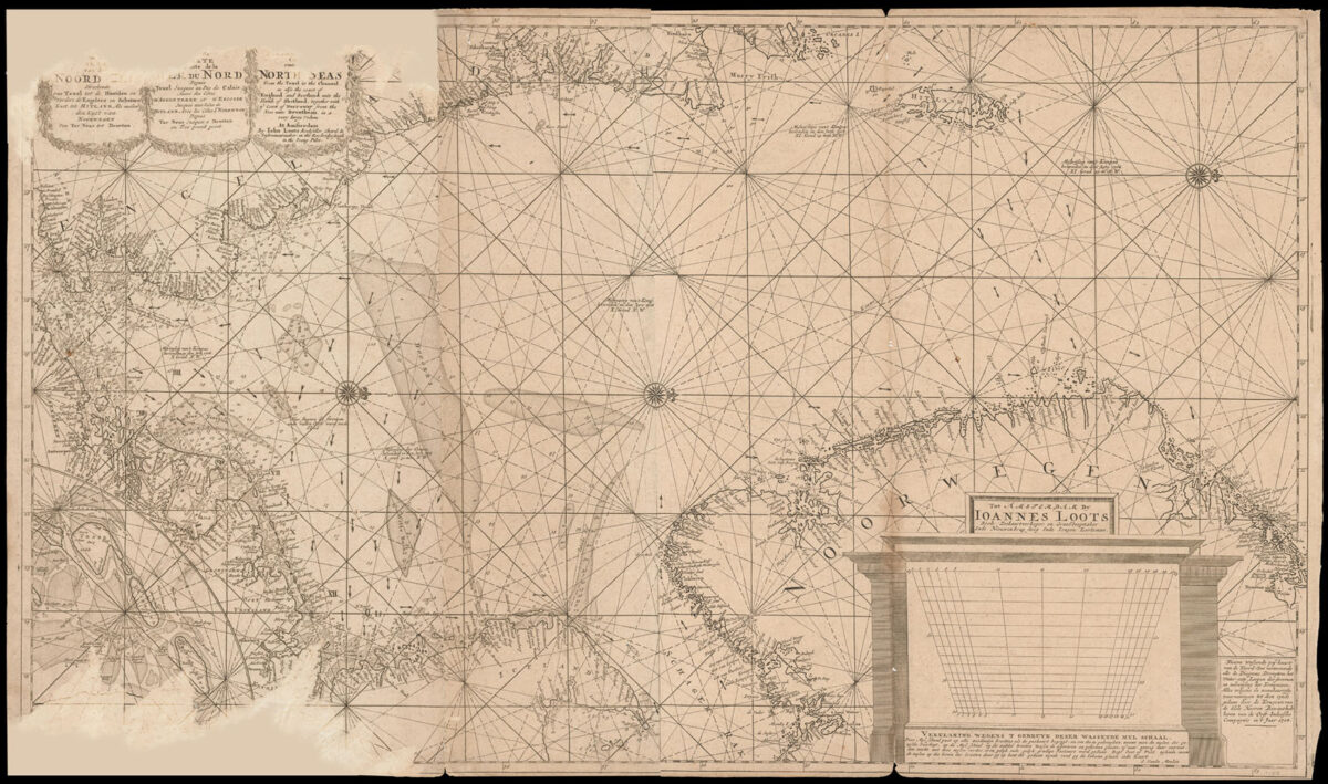 LOOTS, Johannes Nieuwe Verbeterden Wassenden Gradigen Paskaart van Noord Zee Stuckende van Texel tot de Hoofden en vorders de Englanden en Schotsen Kust tot Hitland, Als meden den Kust van Noorwegen van ter Neus tot Drontem. Nouvelle Carte Reduite de la Mer du Nord...