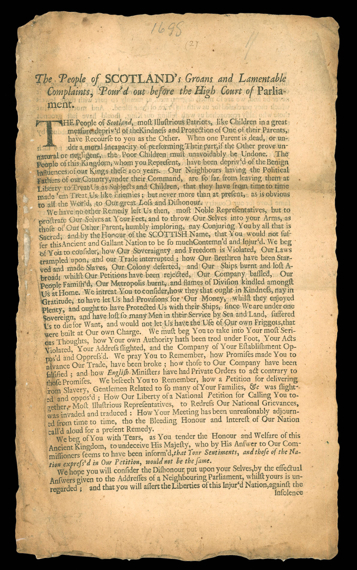 RIDPATH, George [Darien Scheme] To the people of Scotland's groans and lamentable complaints, pour'd out before the High Court of Parliament.