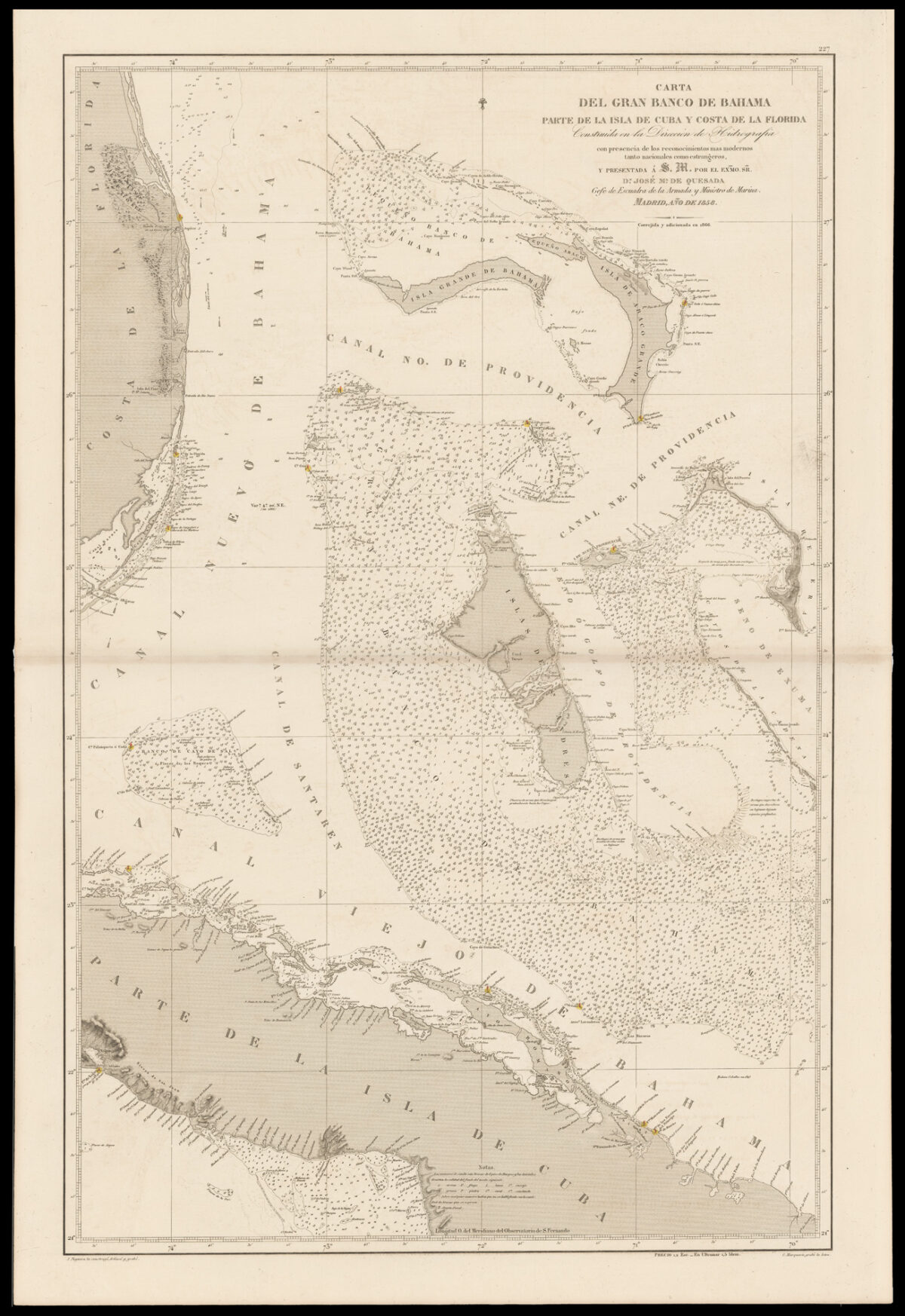 QUESADA, Jose Maria de & NOGUERA, Juan. Carta del Gran Banco de Bahama, Parte de la Isla de Cuba y Costa de la Florida