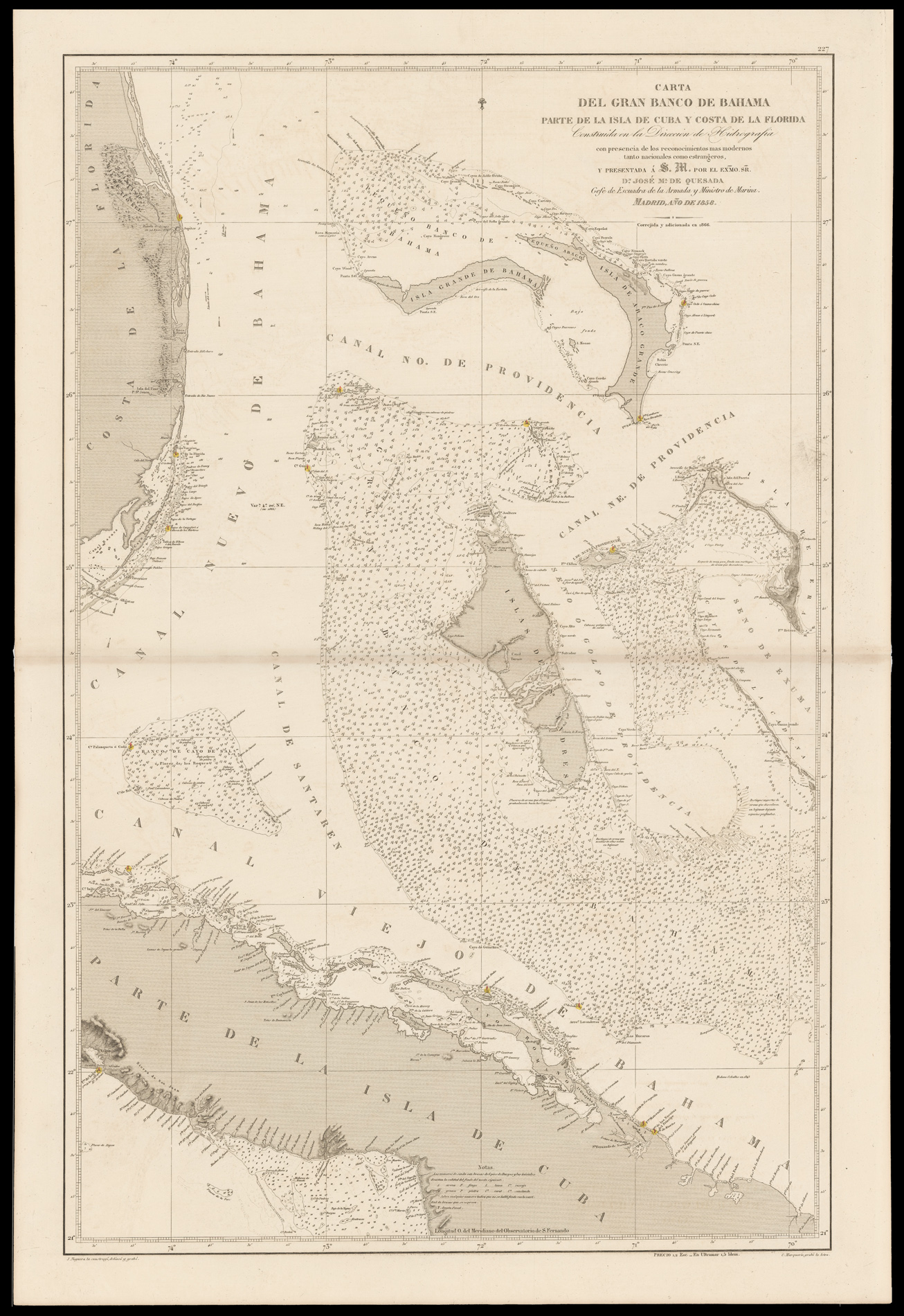 QUESADA, Jose Maria de & NOGUERA, Juan. Carta del Gran Banco de Bahama, Parte de la Isla de Cuba y Costa de la Florida