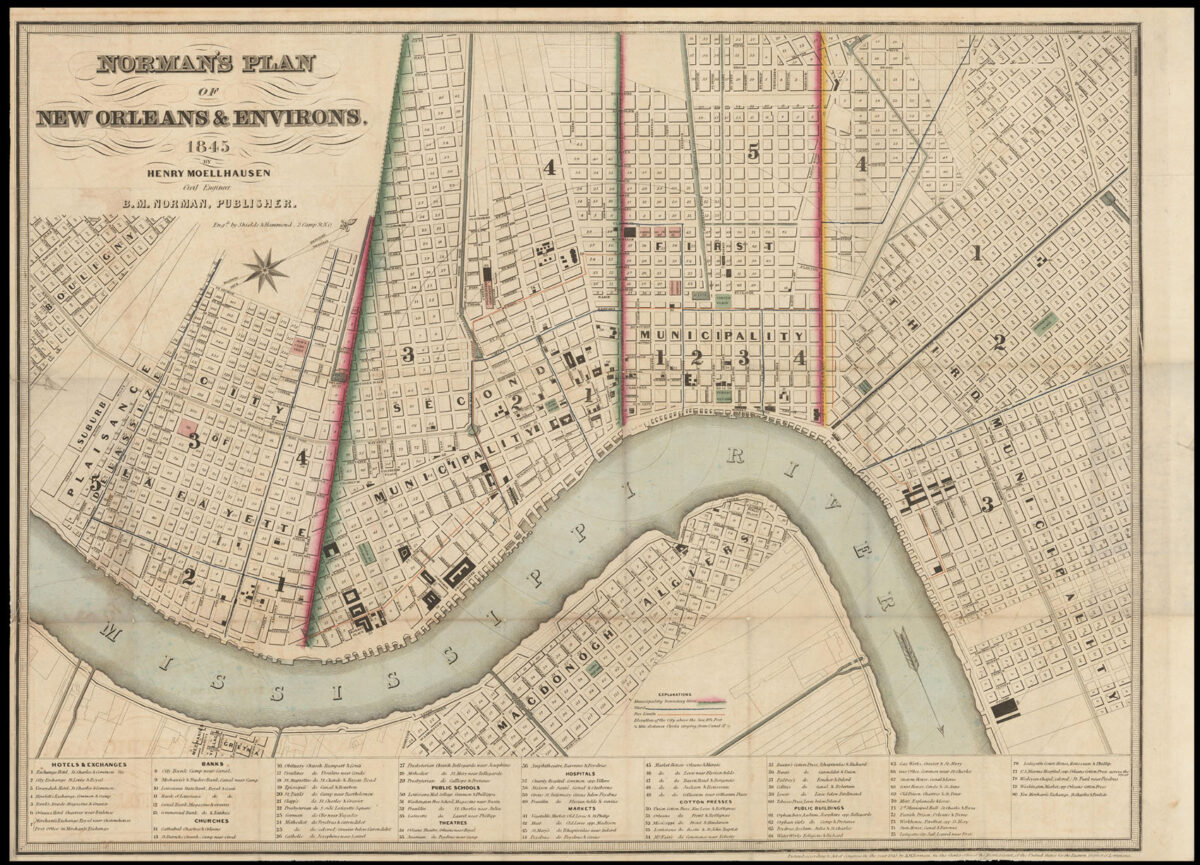 MOELLHAUSEN, Henry; [Engraved by] SHIELDS & HAMMOND Norman's Plan of New Orleans & Environs, 1845