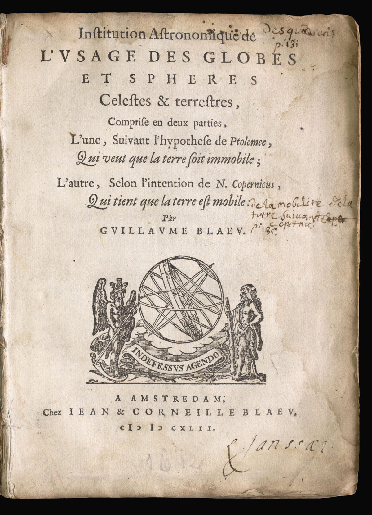 BLAEU, Willem Institution Astronomique de l'usage des globes et spheres...