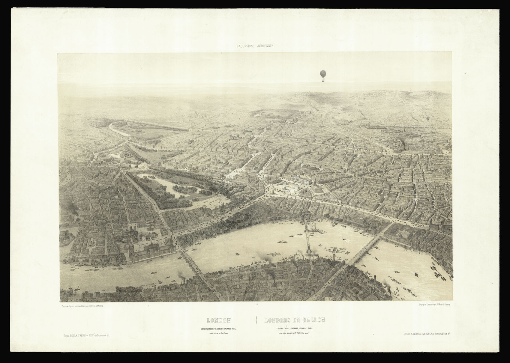 ARNOUT, Jules, [drawn and lithographed]; [printed by] LEMERCIER & Cie. London, view taken in balloon; The City London view taken in balloon. Londres en ballon, vue prise au dessus de Waterloo Road : Londres en ballon, vue prise au dessus de Blackfriars Bridge [together with:] London Charing Cross,