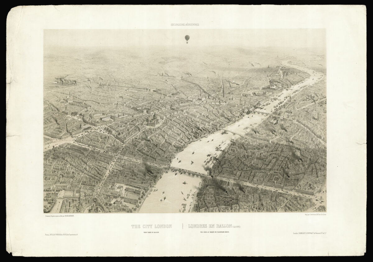 ARNOUT, Jules, [drawn and lithographed]; [printed by] LEMERCIER & Cie. London, view taken in balloon; The City London view taken in balloon. Londres en ballon, vue prise au dessus de Waterloo Road : Londres en ballon, vue prise au dessus de Blackfriars Bridge [together with:] London Charing Cross,