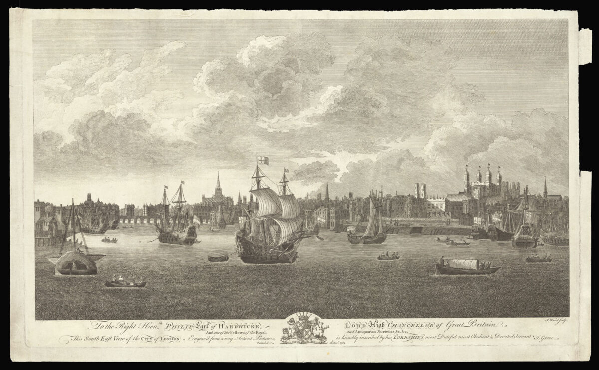 WOOD, Joseph To the Right Honble. Philip Earl of Hardwicke, Lord High Chancellor of Great Britain, and one of the Fellows of the Royal and Antiquarian Societies &c, &c. This South East View of the City of London, Engrav'd from a very Antient Picture