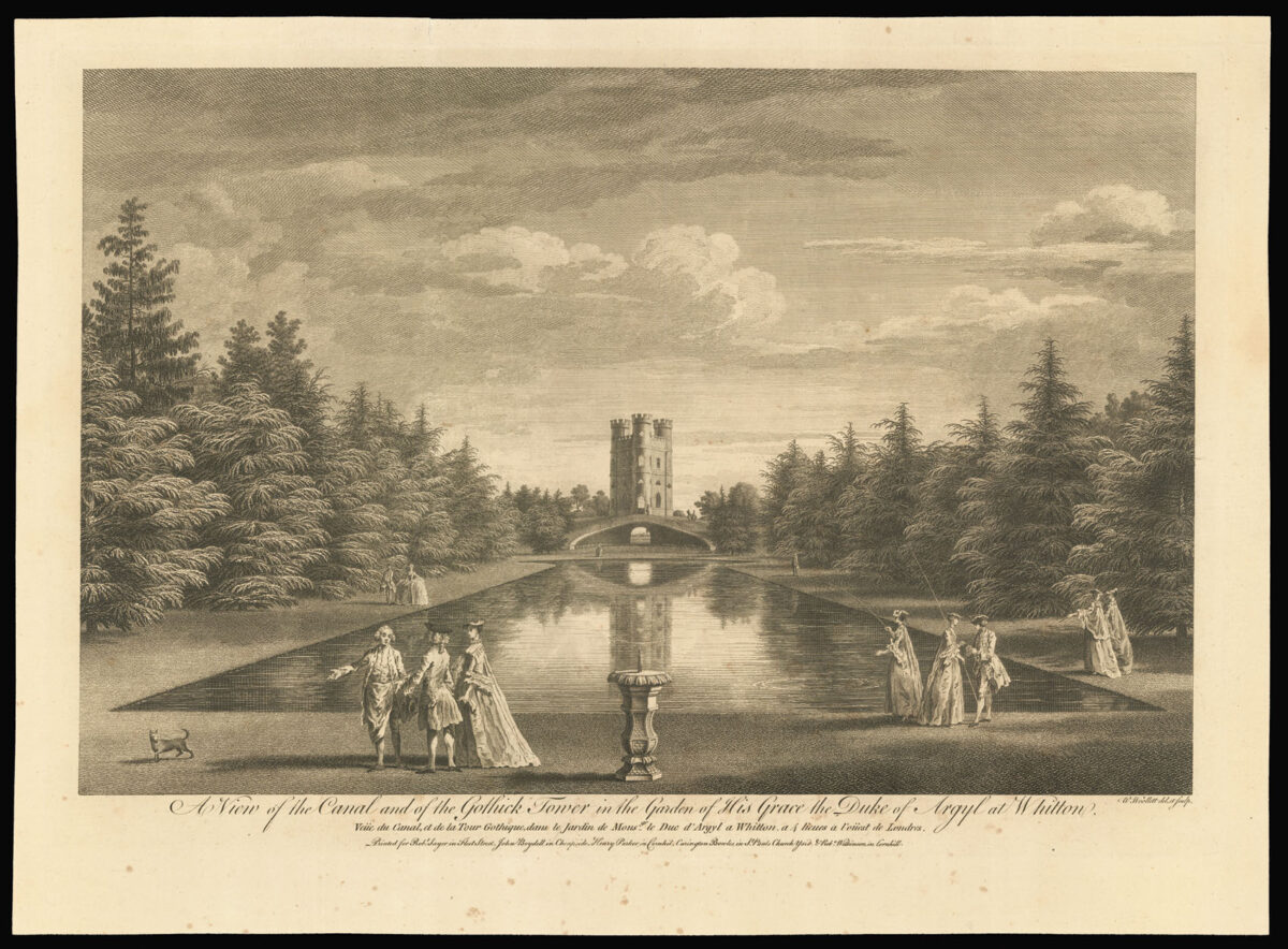 WOOLLETT, W[illiam] A View of the Canal and of the Gothick Tower in the Garden of his Grace the Duke of Argyl at Whitton.