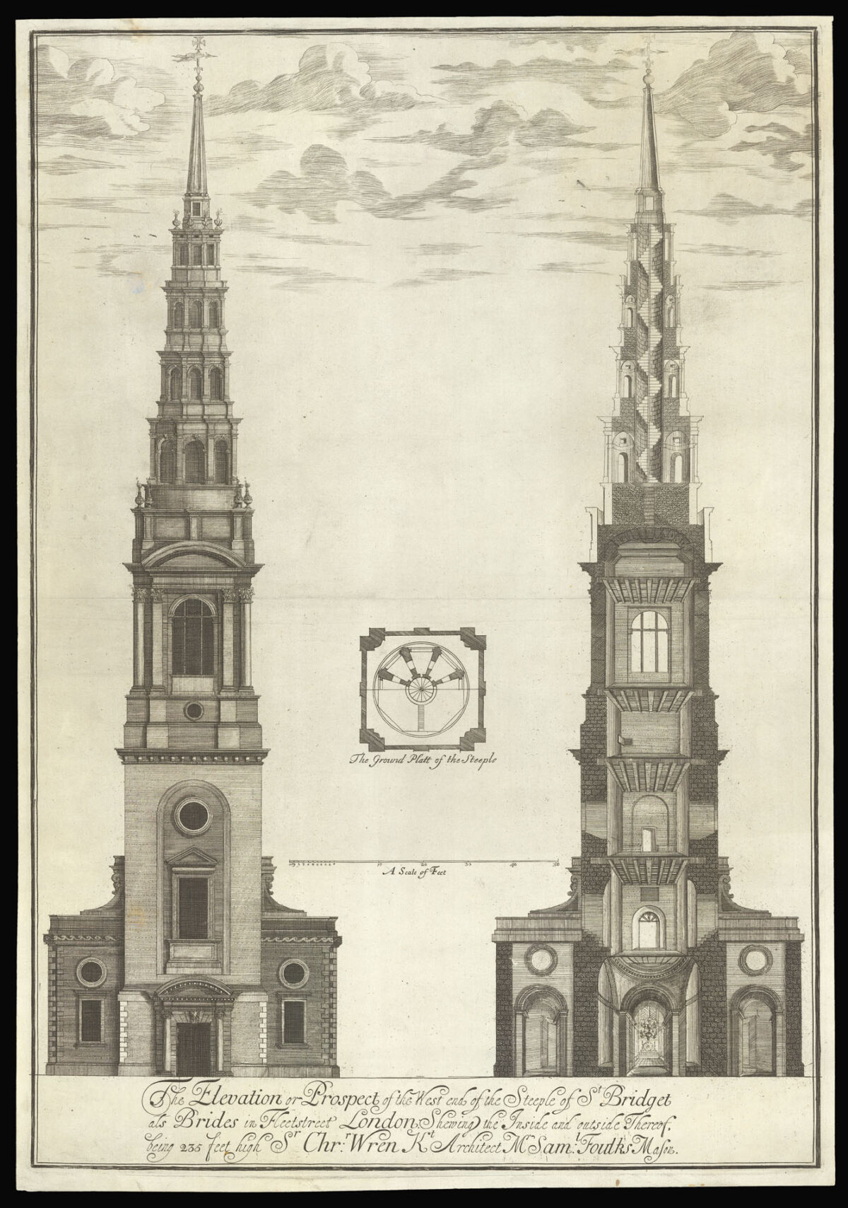 [?BURGHERS, Michael] The Elevation or Prospect of the West End of the Steeple of St Bridget at Brides in Fleetstreet London