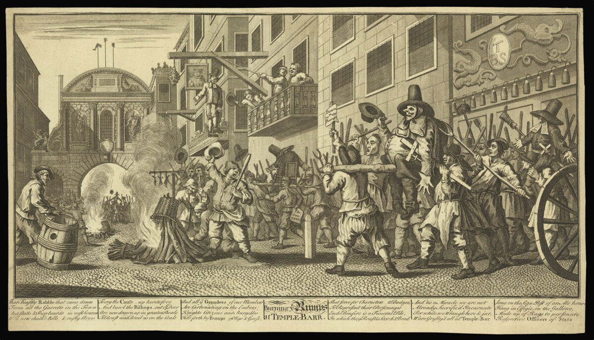 [HOGARTH, William] Burning ye Rumps at Temple-Barr.