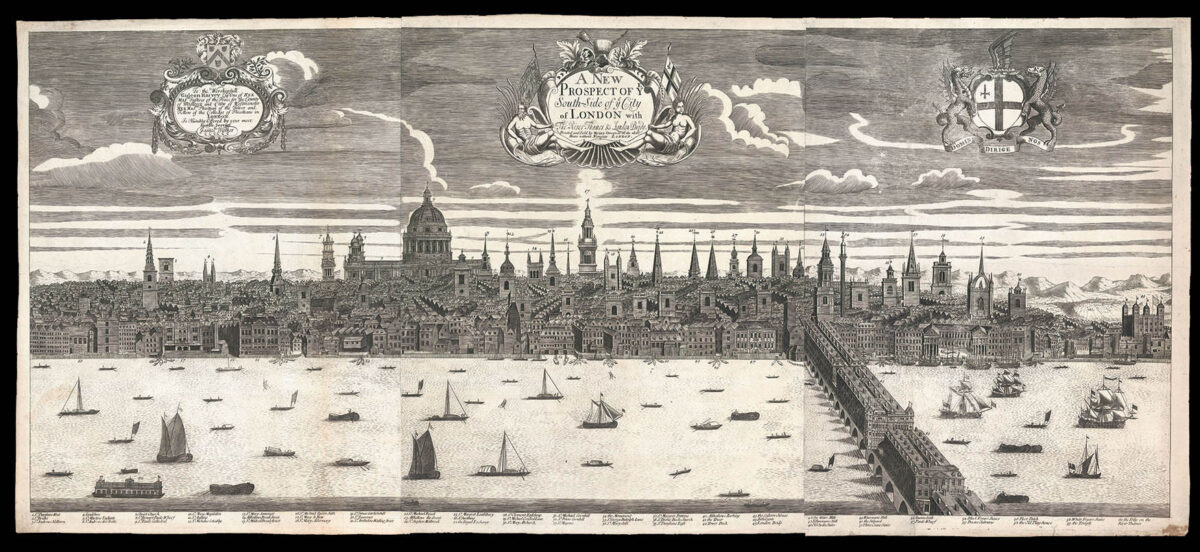 NICHOLLS, Sutton [and] NUTTING, Joseph A New Prospect of ye South-Side of ye City of London with the River Thames & London Bridge; [with] A New Prospect of ye North-Side of ye City of London with New Bedlam & Moore Fields.