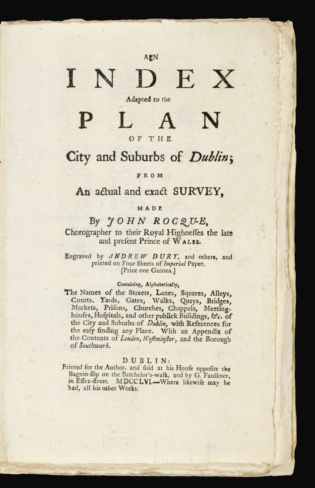 ROCQUE, John An Index adapted to the plan of the City and suburbs of Dublin, from an actual and exact survey made by J. Rocque, etc. - Le Guide, etc. Eng.