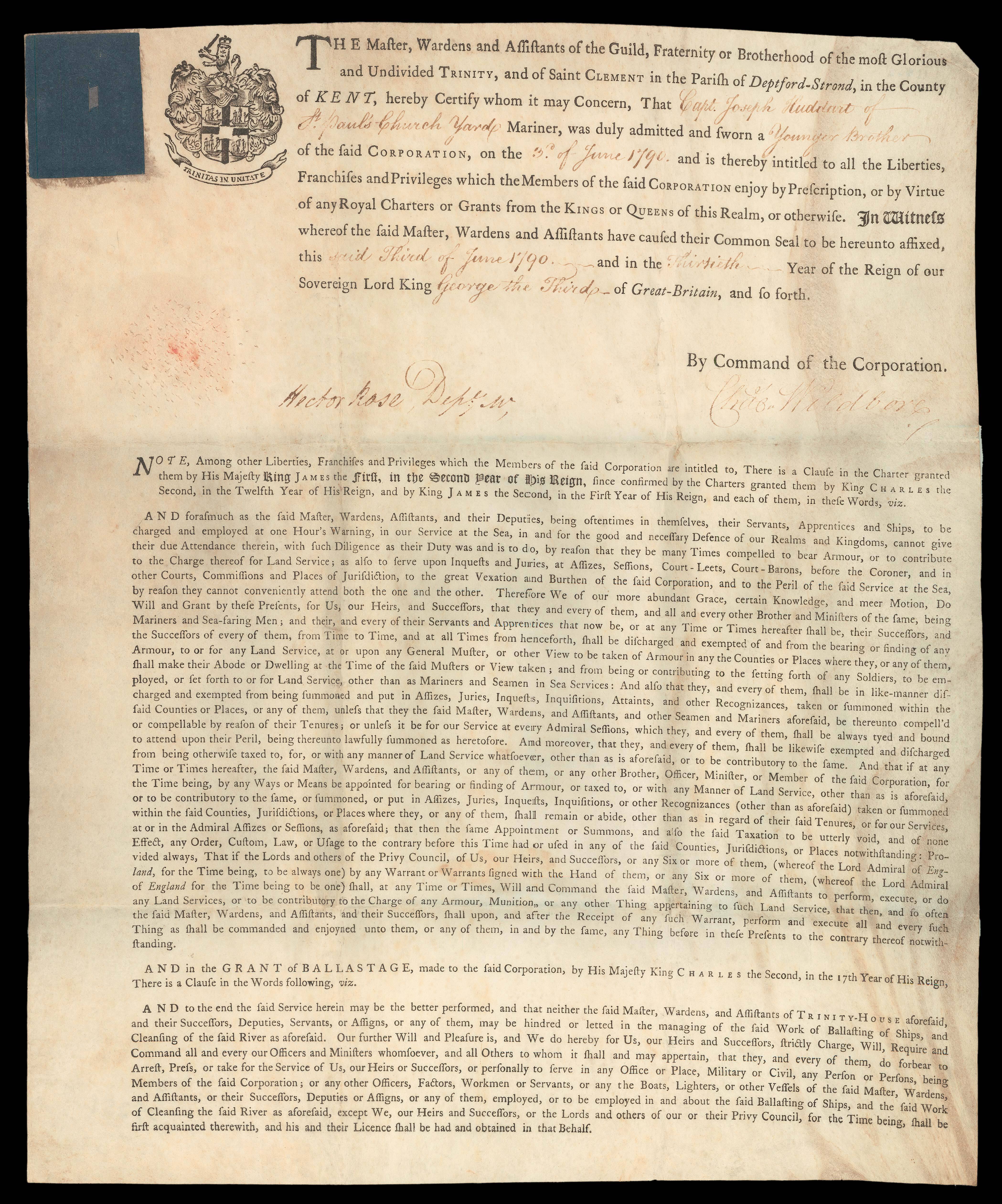 HUDDART, Joseph; Charles WILDBORE; and Hector ROSE The Master, Wardens and Assistants of the Guild, Fraternity or Brotherhood of the most Glorious and Undivided Trinity,...