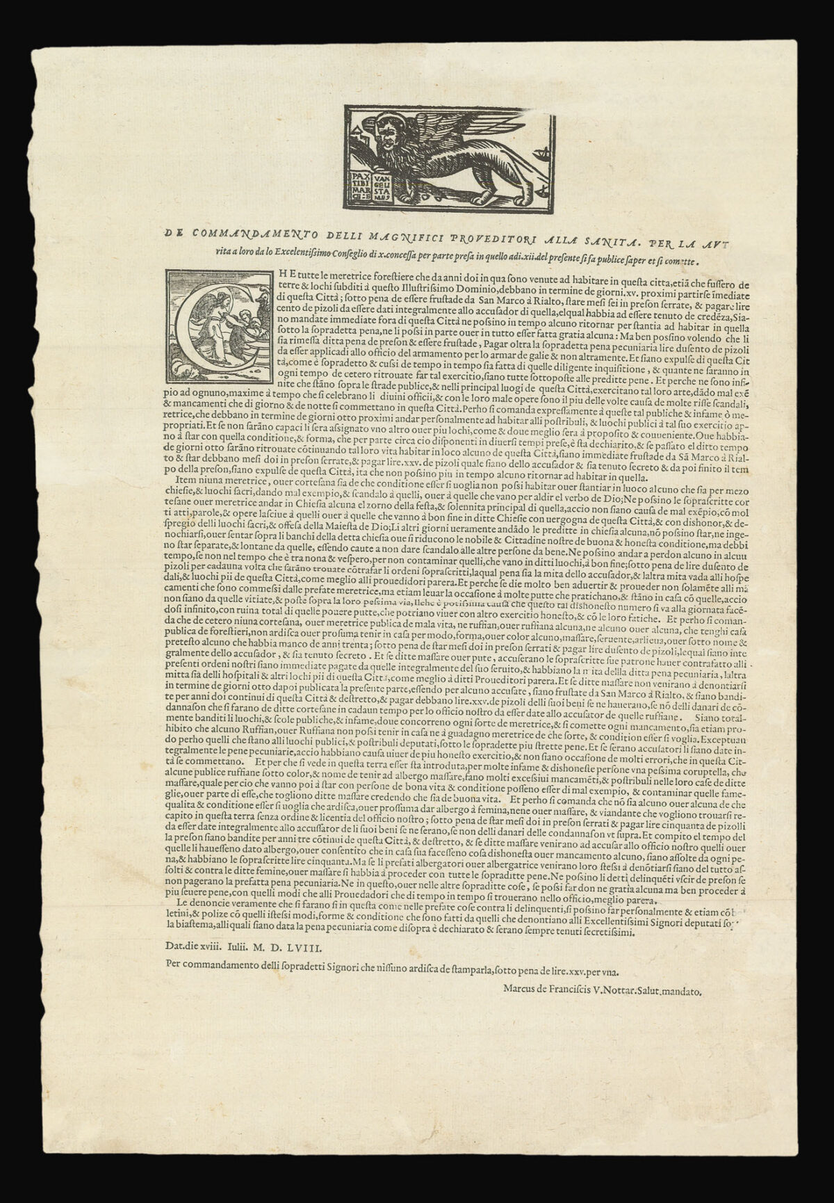 [Provveditori alla Sanità] [An order banning all foreign prostitutes from Venice].