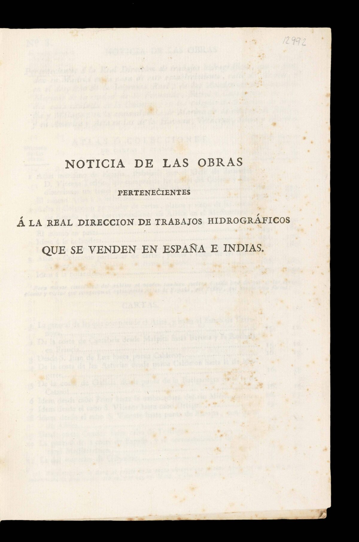 REAL DIRECCION DE TRABAJOS HIDROGRAFICOS Catálogo de las cartas, planos, vistas, estampas y libros pertenecientes a la Real Direccion de Trabajos Hidrograficos de Madrid.