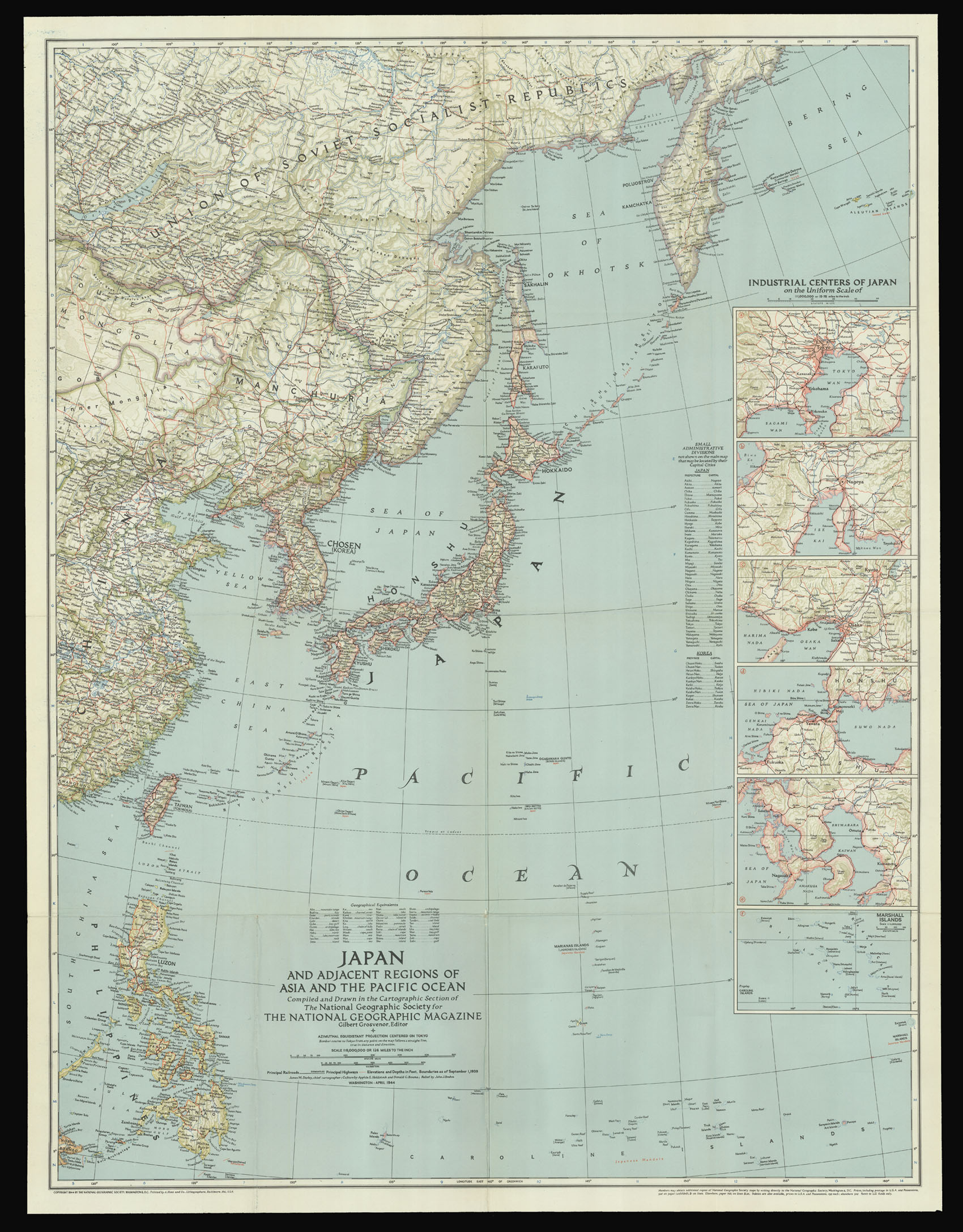 NATIONAL GEOGRAPHIC [DARLEY, James M.; HOLDSTOCK, Apphia E.; BOUMA, Donald G.; BREHM, John J.]. Japan and Adjacent Regions of Asia and the Pacific Ocean, 1944.