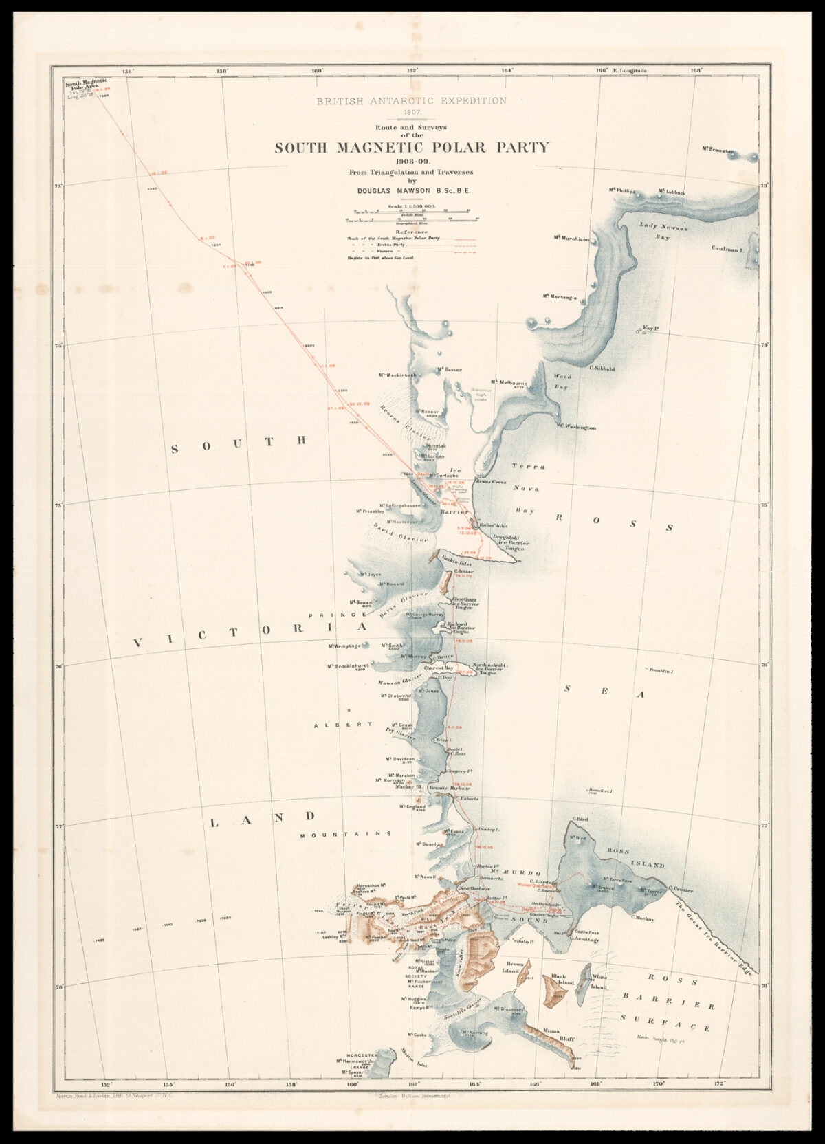 MAWSON, Douglas British Antarctic Expedition 1907. Route and Surveys of the South Magnetic Polar Party