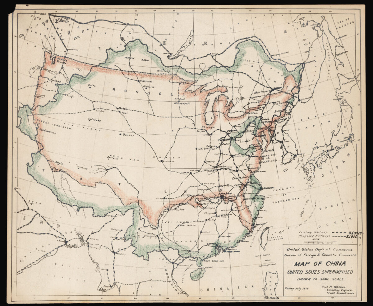 WHITHAM, Paul P[age] Map of China United States Superimposed Drawn to same scale.