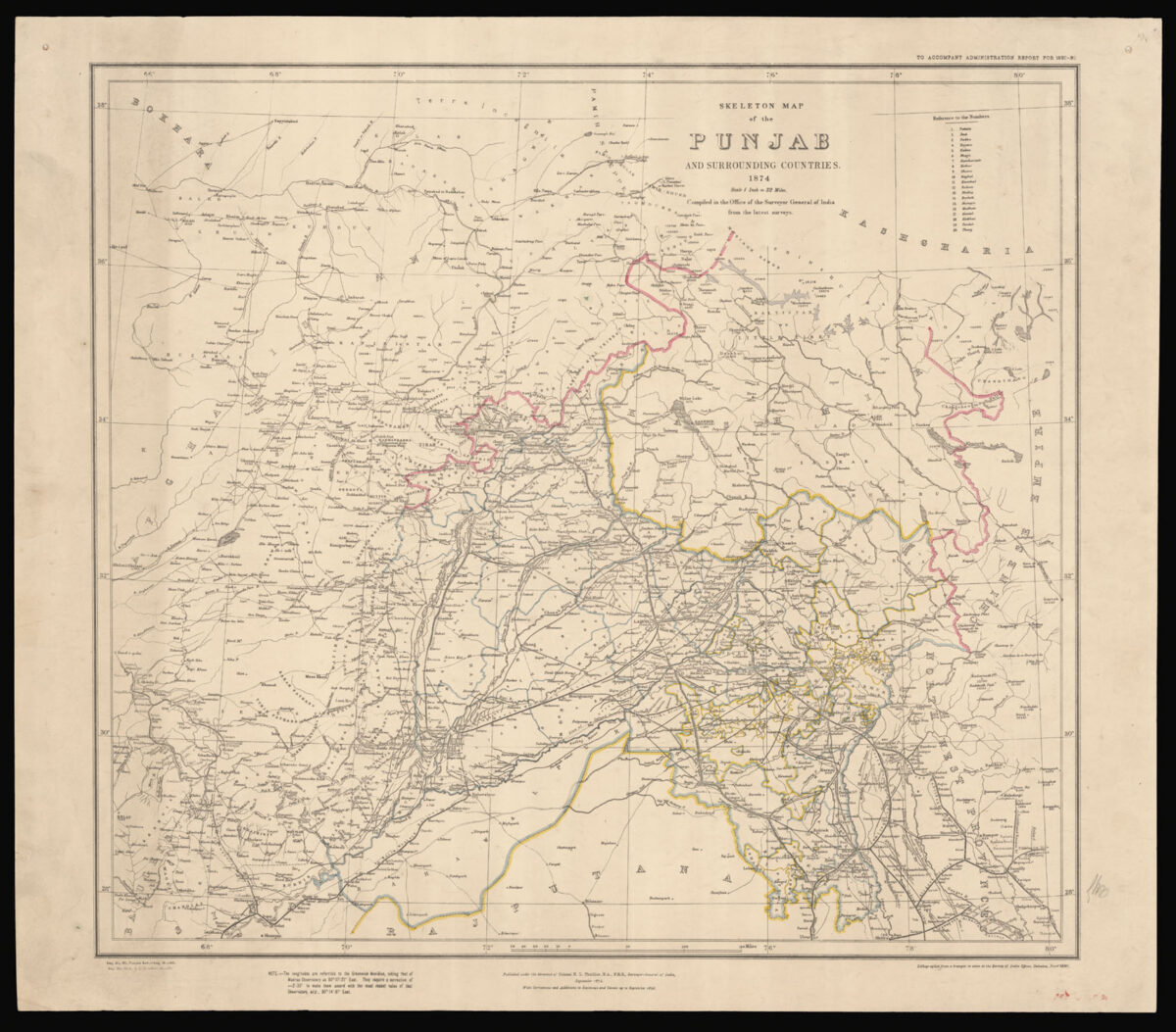 THUILLIER, Colonel H. L. Skeleton Map of the Punjab and Surrounding Countries 1874