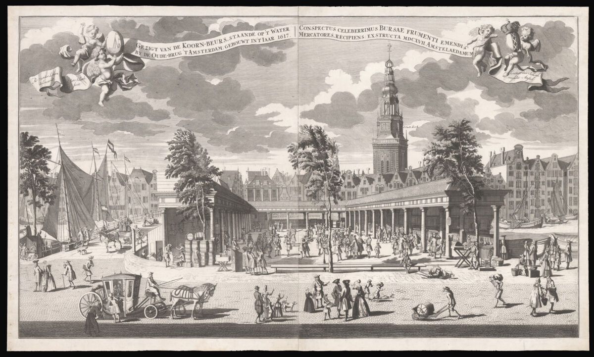 SCHENK, Jan; [after] LAAN, Adolf van der Gezigt Van de Koorn-Beurs, Staande Op't Water by De Oude-Brug't Amsterdam: Gebout In't Iaar. 1617.