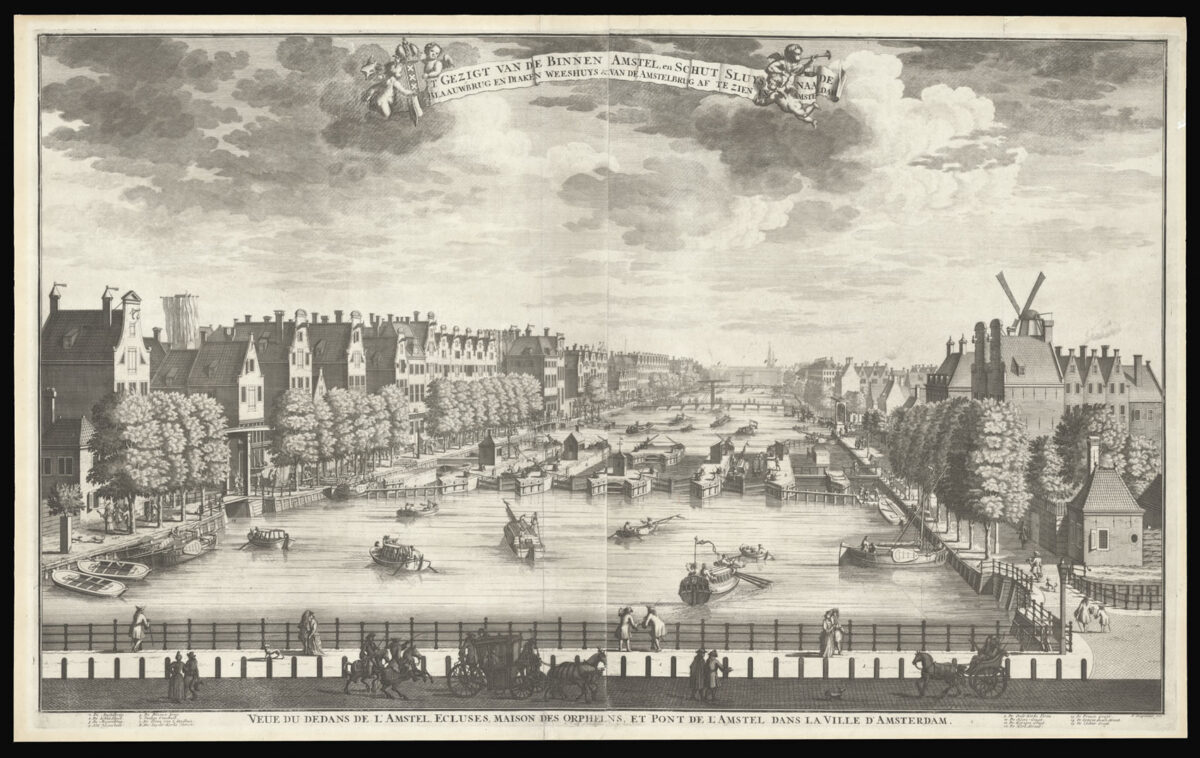 STOOPENDAAL, Daniel t Gezigt Van de Binnenamstel, en Schutsluys naa de Blaauwbrug en diaken weeshuys & van de Amstelbrug af te zien in Amsteldam.