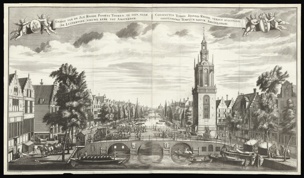 SCHENK, Leonard; [after] RADEMAKER, Abraham Gesigt Van De Jan Roode Poorts Tooren, te sien, naar de Luytersche Nieuwe Kerk tot Amsterdam.