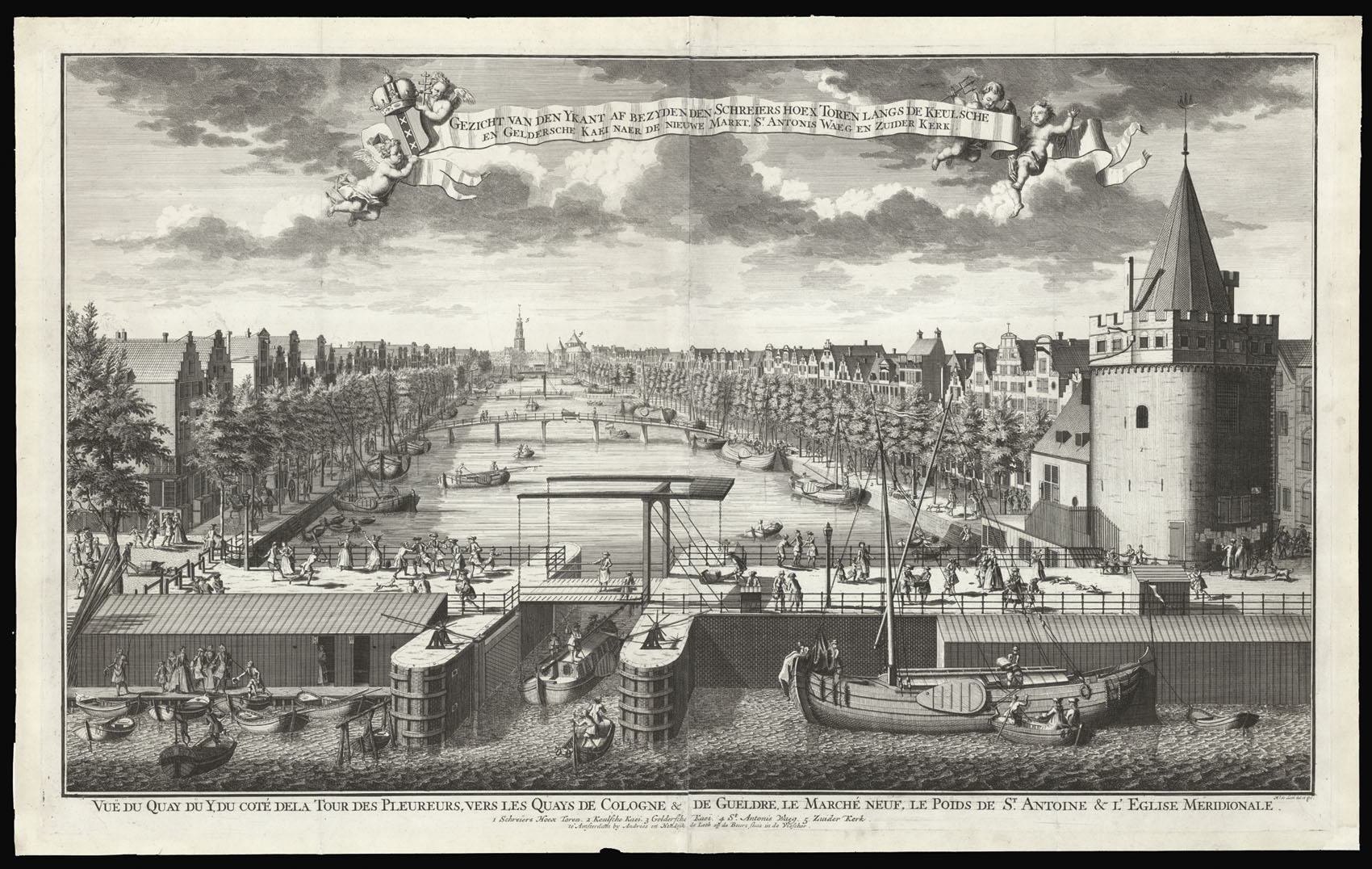 DE LETH, Hendrik Gezicht van den Ykant Af Bezyden den Schreiers hoex toren lansg de Keulsche en Geldersche kaei naer de Nieuwe Markt St Antonis Waeg en Zuider Kerk.
