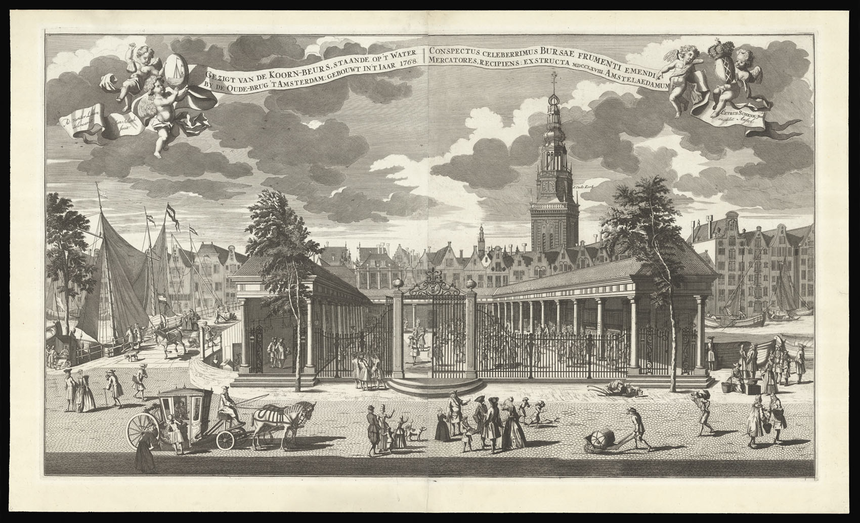 SCHENK, Jan [after] LAAN, Adolphus van der Gezigt Van De Koorn-Beurs, Staande op 't water by de Oude-brug 't Amsterdam: gebouwt in't Iaar 1768.