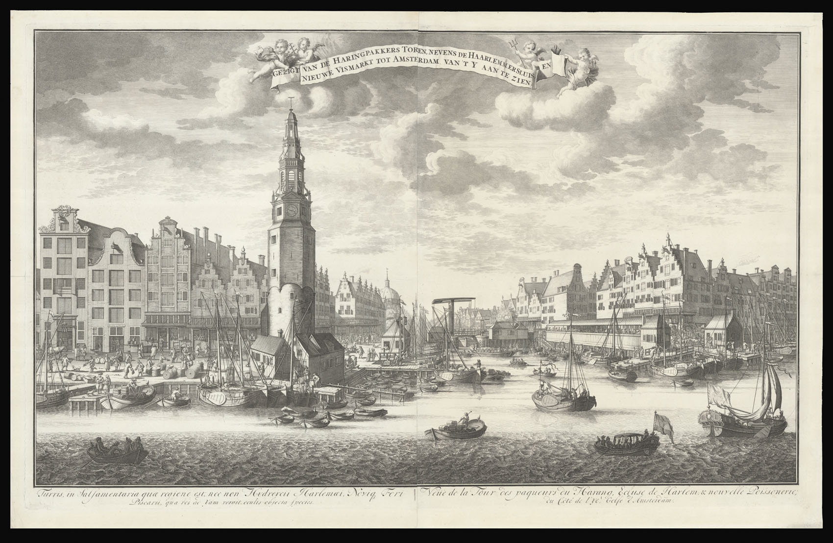 [SMIT, Jan] Gezigt van de Haringpakkers toren, nevens de Haarlemmers sluis, en Nieuwe Vismarkt tot Amsterdam. van 't y aan te zien.