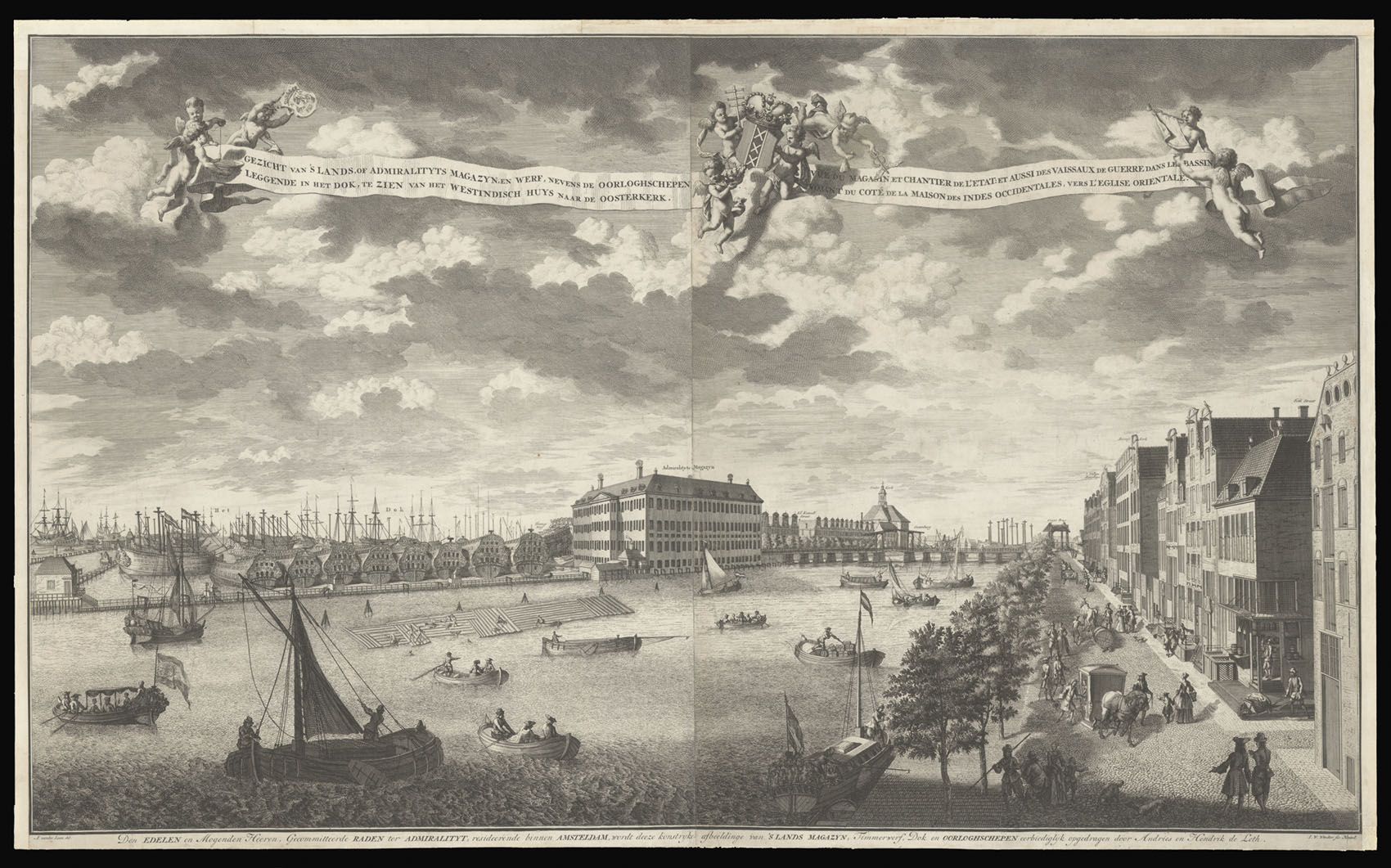 WINDTER, Johann Wilhelm [after] LAAN, Adolph van der Gezicht van's lands of Admiralityts magazyn, en werf, nevens de oorloghschepen leggende in het dok, te zien van het Westindisch Huys naar de Oosterkerk.