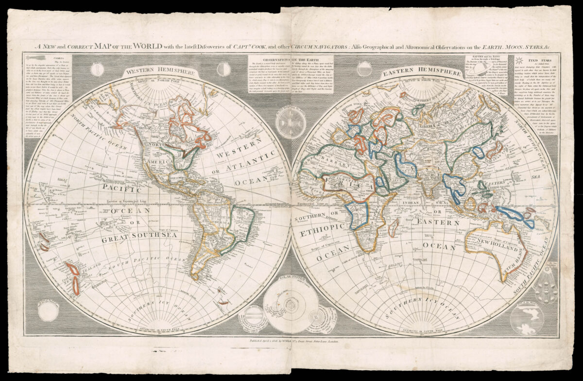 WEST, William A New and Correct Map of the World with the latest Discoveries of Captn. Cook and other Circumnavigators; Also Geographical and Astronomical Observations of the, Earth, Moon, Stars, &c.