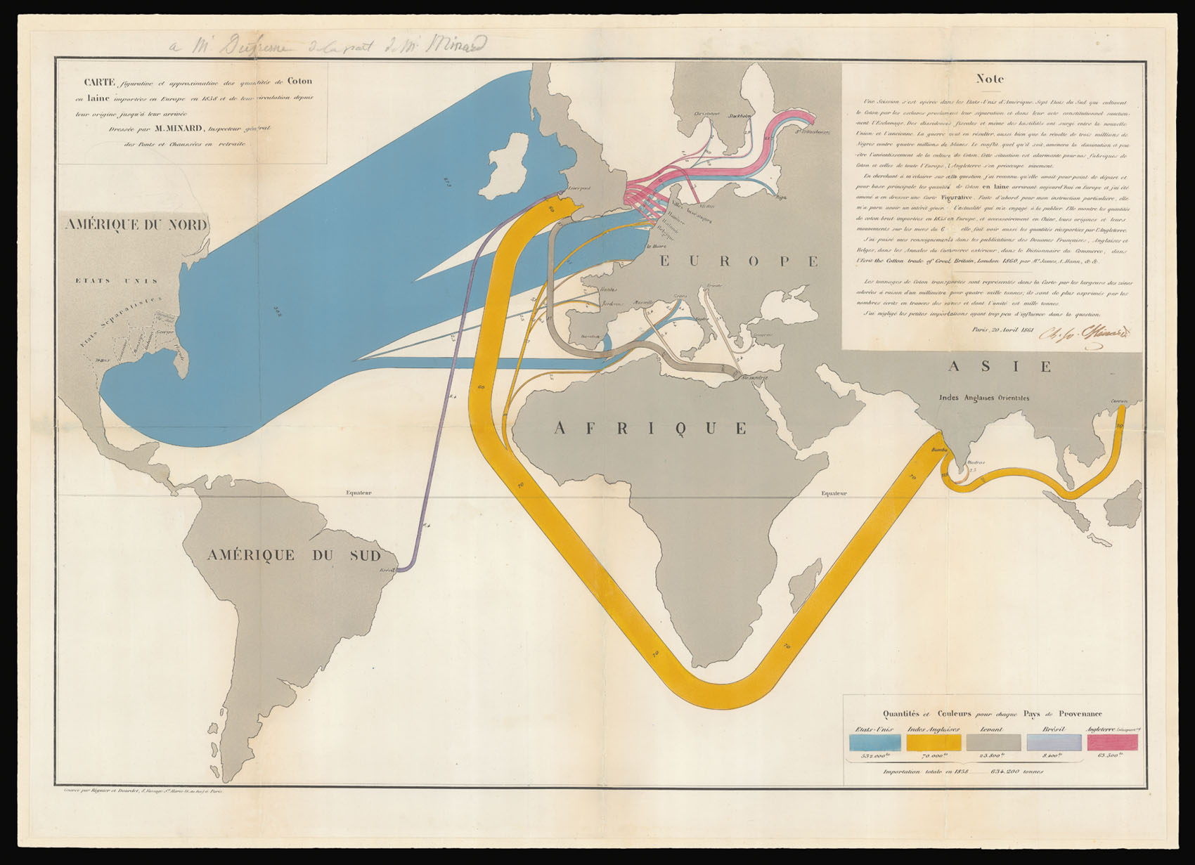 MINARD, Charles Joseph Carte figurative et approximative des quantités de coton en laine importées en Europe en 1858 et de leur circulation depuis leur origine jusqu'à leur arrivée.