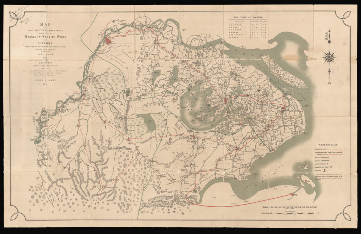 MANN, Fred and Helen Map of the Shooting Districts lying between Hangchow - Nanking - Wuhu and Shanghai