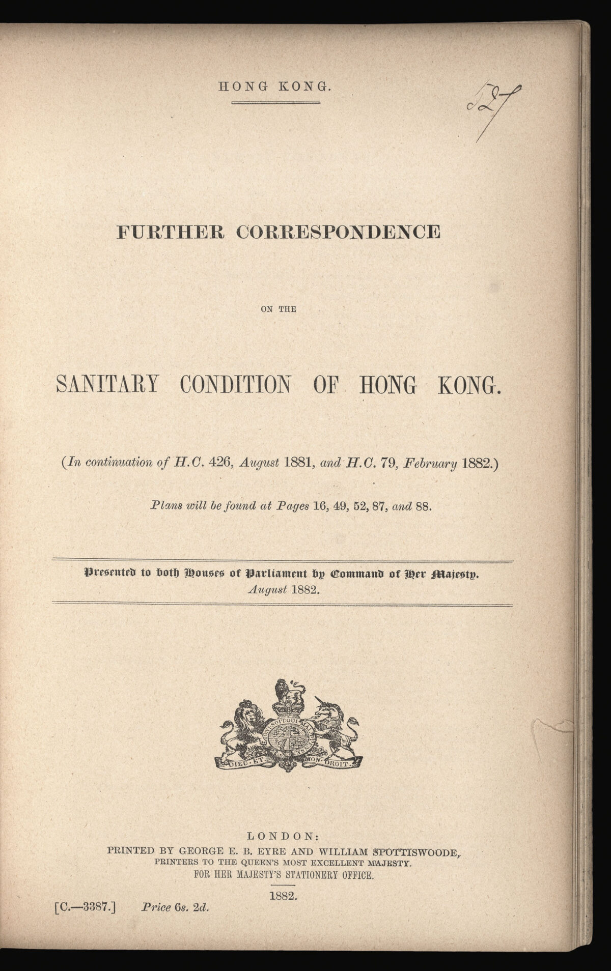 CHADWICK, Osbert Copy of Extracts of Further Correspondence regarding the Sanitary Condition of Hong Kong [bound with:] Further Correspondence on the Sanitary Condition of Hong Kong.
