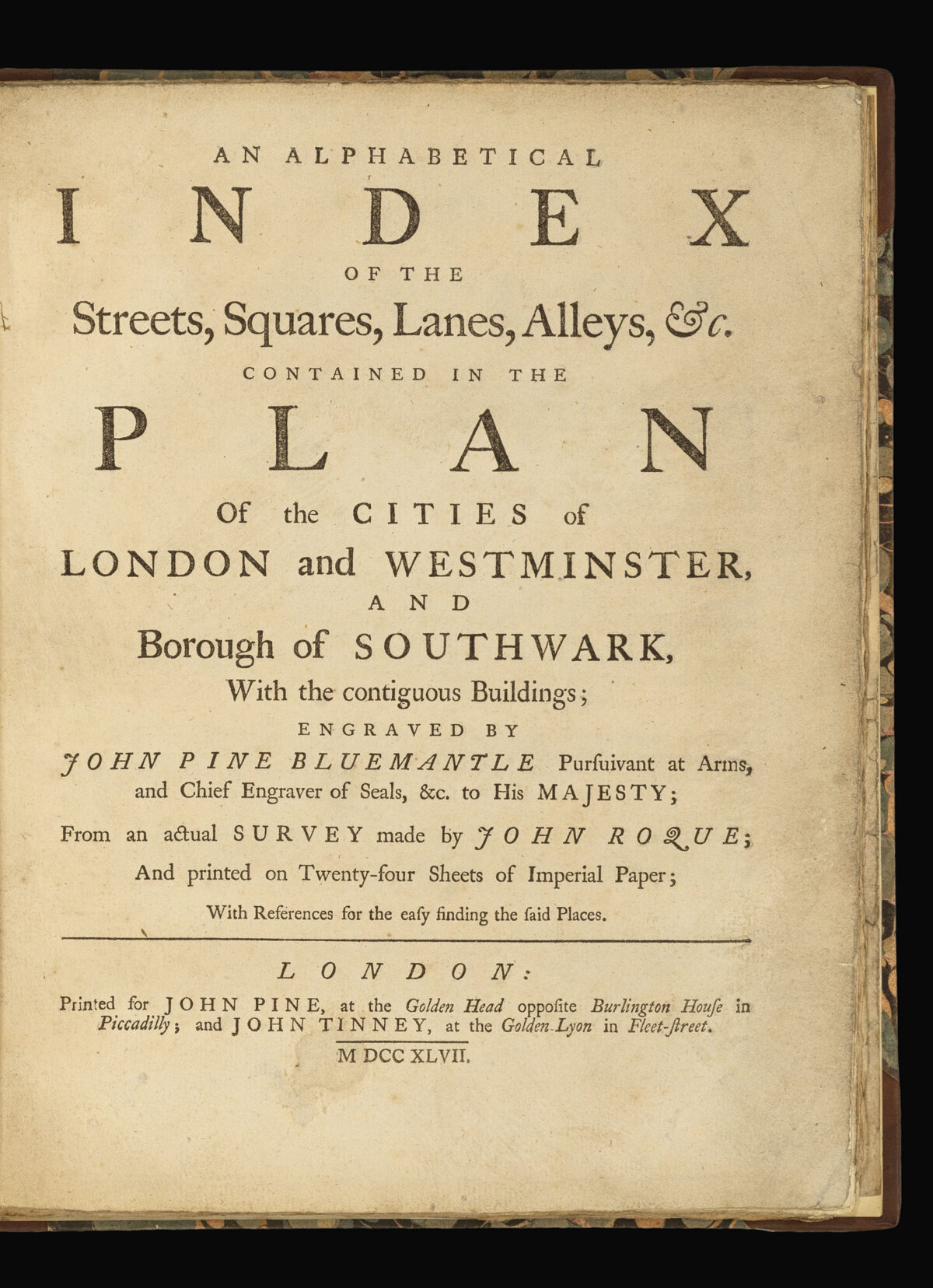 ROCQUE, John An Alphabetical Index of the Streets, Squares, Lanes, Alleys, &c. contained in the Plan of the Cities of London and Westminster,