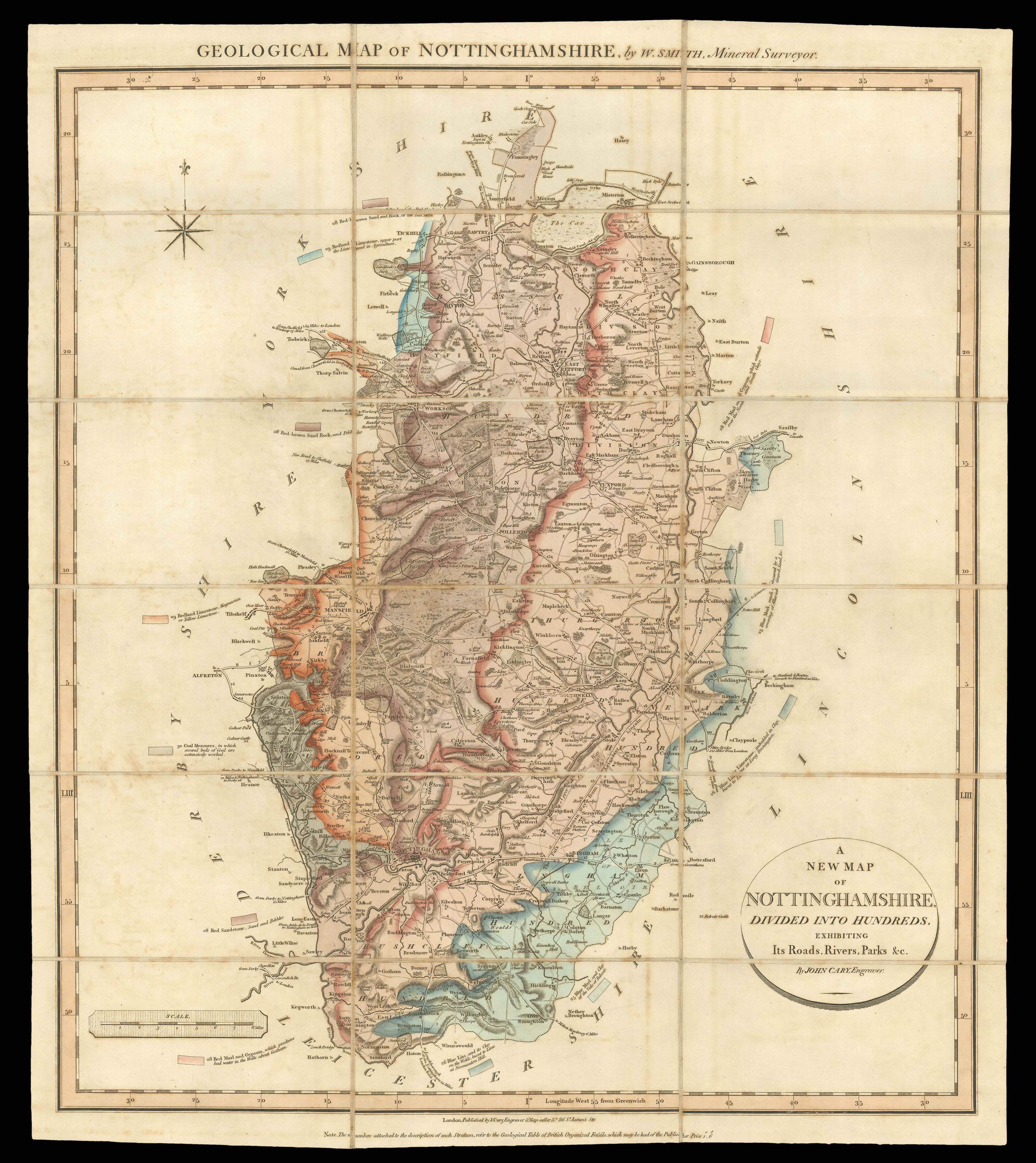 SMITH, William Geological Map of Nottinghamshire, by W. Smith, Mineral Surveyor.