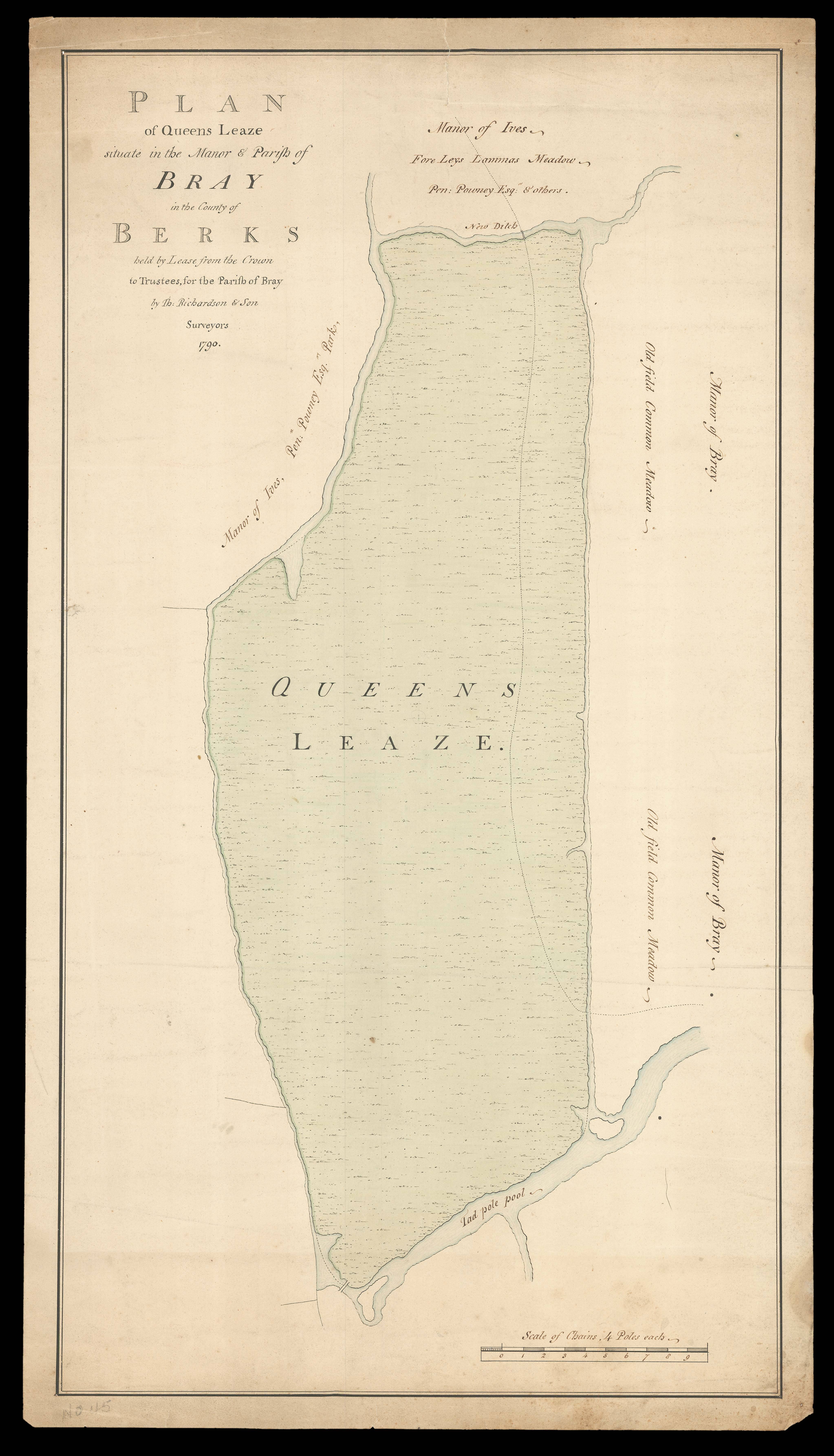 RICHARDSON, Th[omas] Plan of Queens Leaze situate in the Manor & Parish of Bray in the County of Berks held by lease from the Crown to Trustees, for the parish of Bray by Th. Richardson & Son Surveyors 1790.
