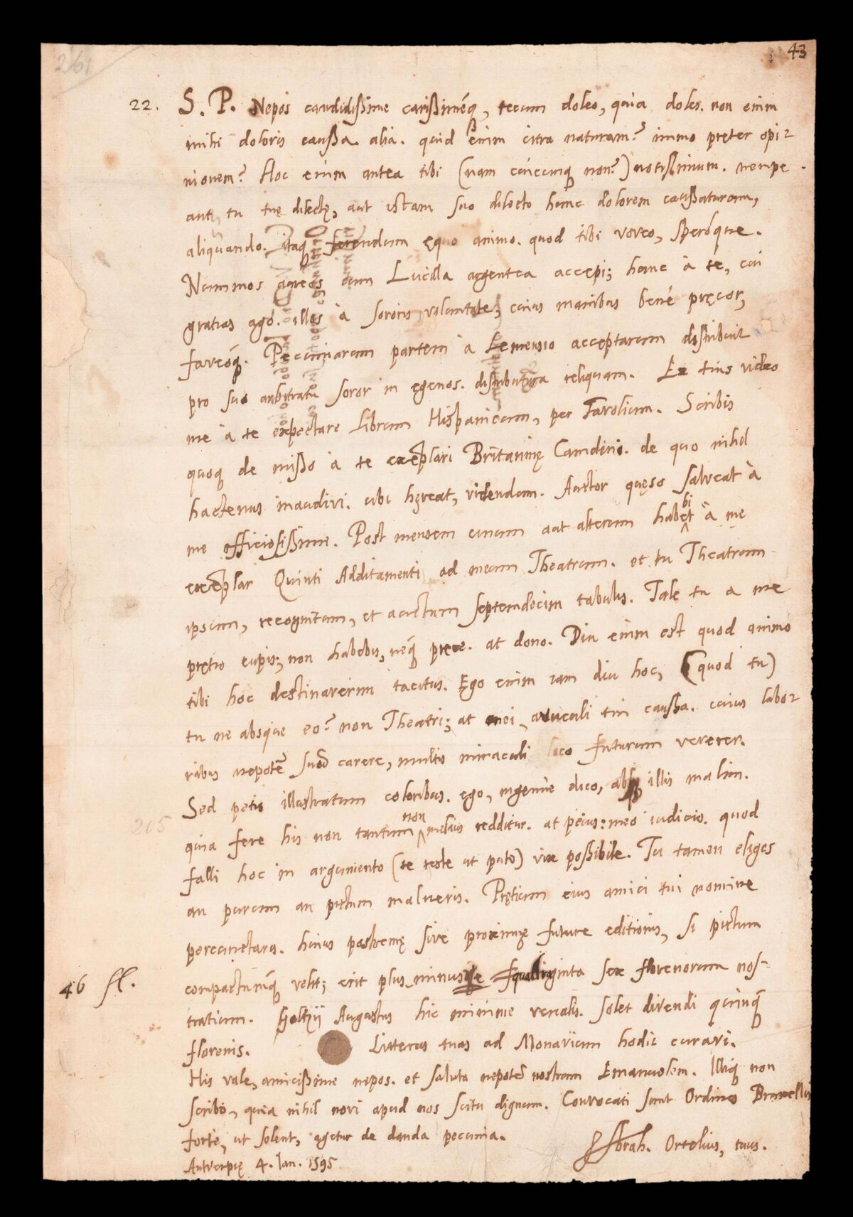ORTELIUS, Abra[ham] [Autograph letter to his nephew].