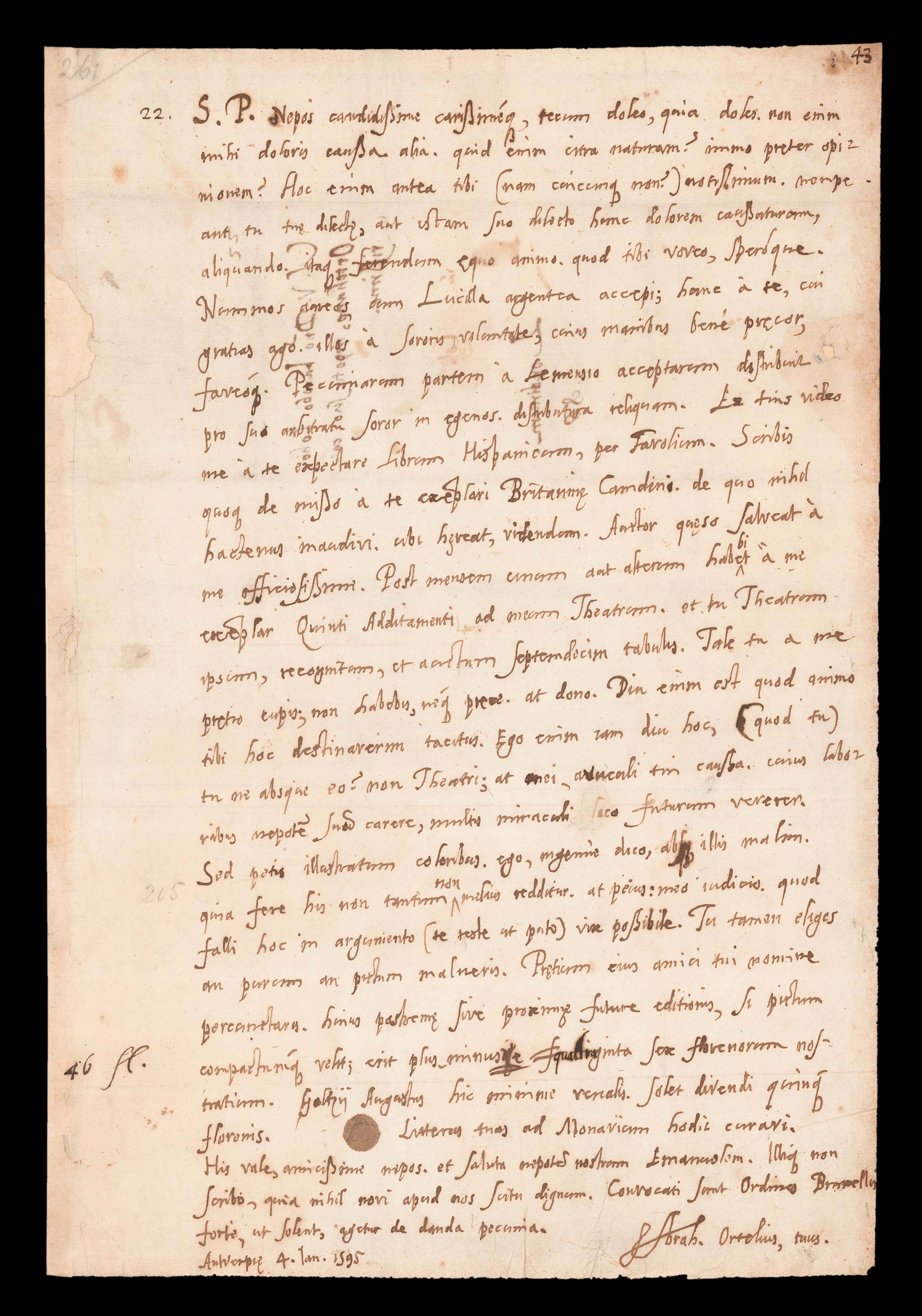 ORTELIUS, Abra[ham] [Autograph letter to his nephew].
