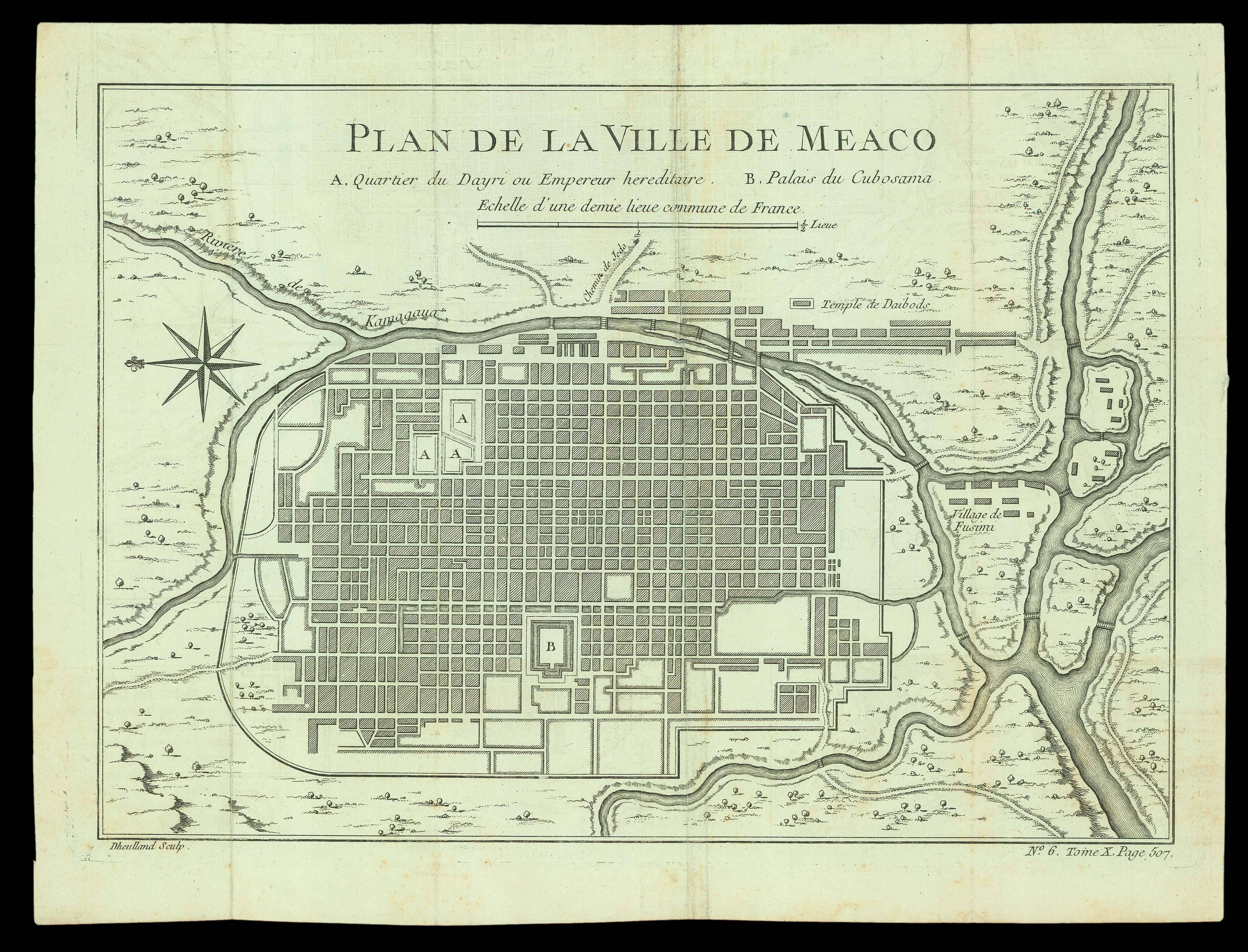 DHEULLAND, Guillaume after Jacques Nicolas BELLIN; Abbé Antoine François de PRÉVOST Plan de la Ville de Meaco