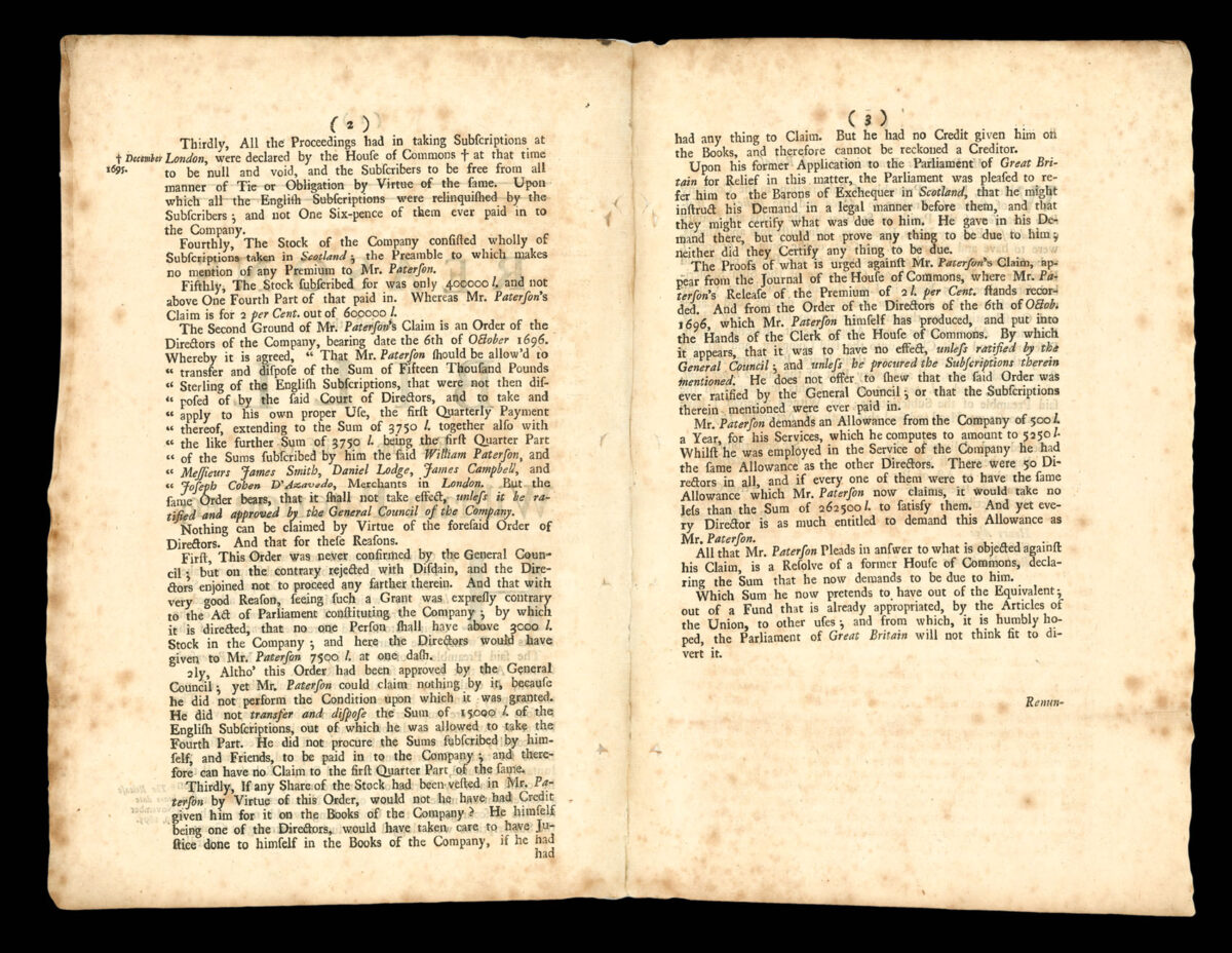 PATERSON, William Reasons Against the Bill for the Relief of William Paterson Esq.