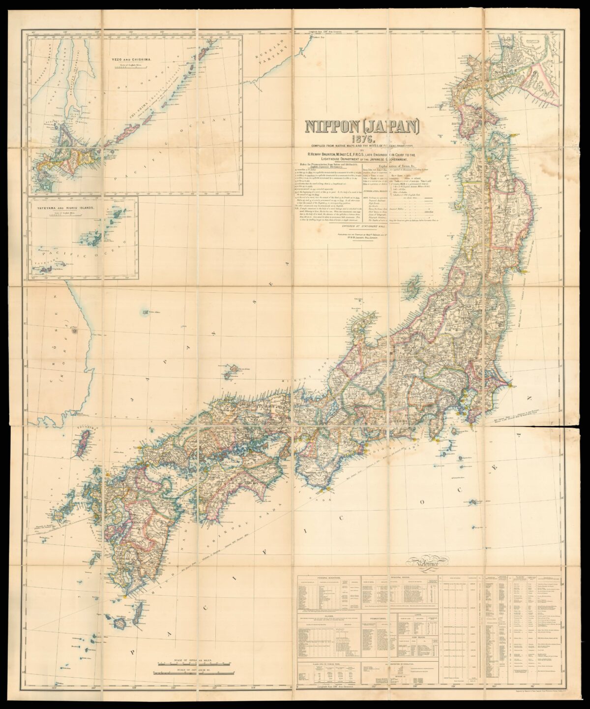 Brunton, Richard Henry NIPPON [JAPAN] 1876 COMPILED FROM NATIVE MAPS AND THE NOTES OF RECENT TRAVELLERS BY R. HENRY BRUNTON M.INST C.E. F.R.G.S. LATE ENGINEER IN CHIEF TO THE LIGHTHOUSE DEPARTMENT OF THE JAPANESE GOVERNMENT.